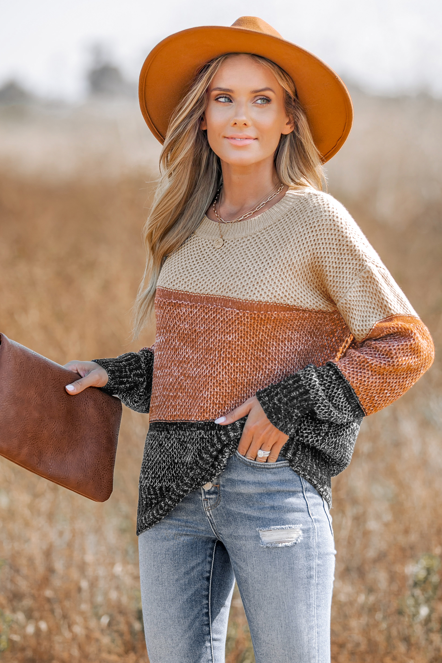 Colorblock Purl Knit Drop Sleeve Sweater