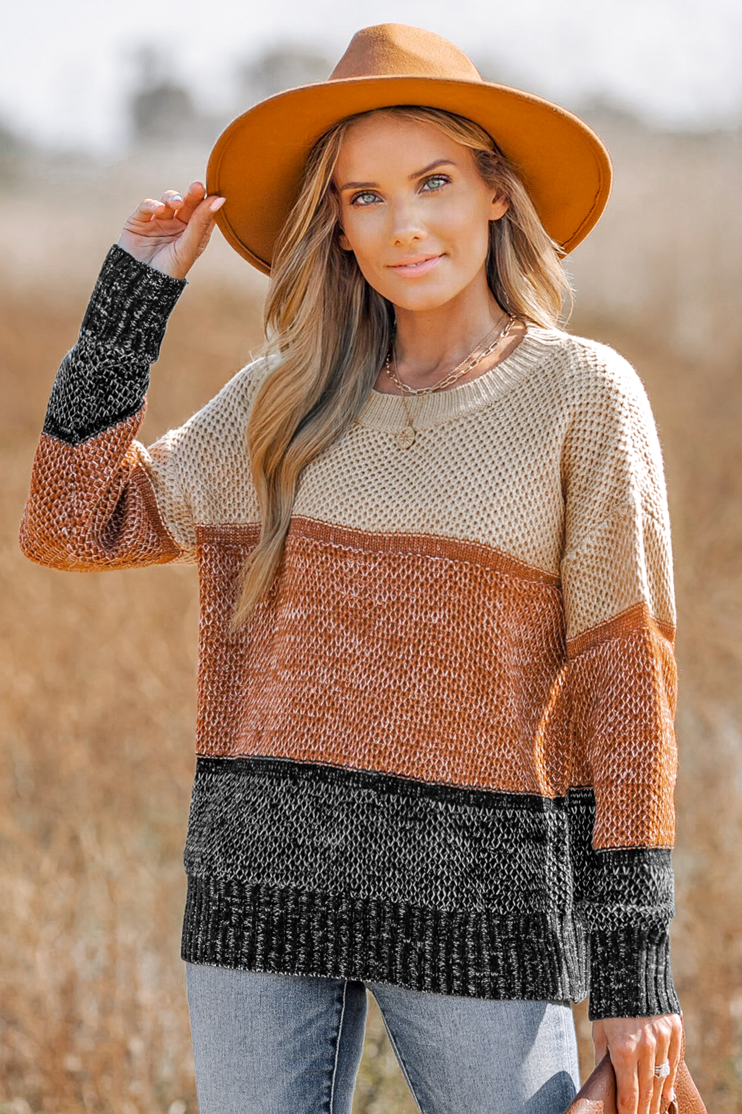 Colorblock Purl Knit Drop Sleeve Sweater