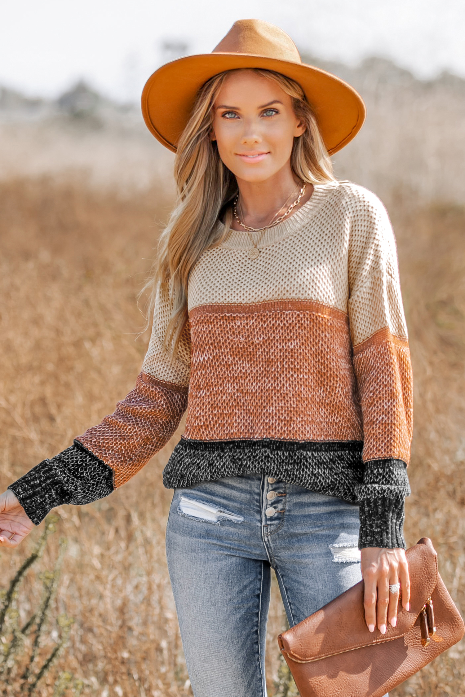 Colorblock Purl Knit Drop Sleeve Sweater