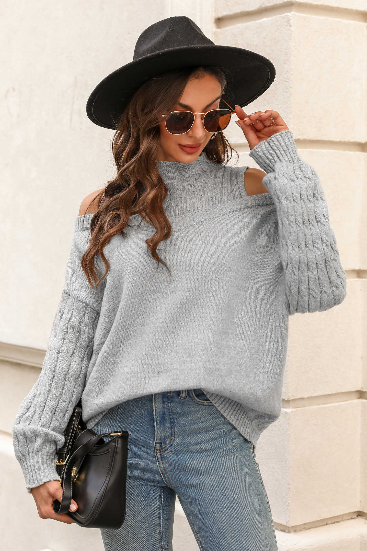 Gray Cable Knit Open-Shoulder Sweater