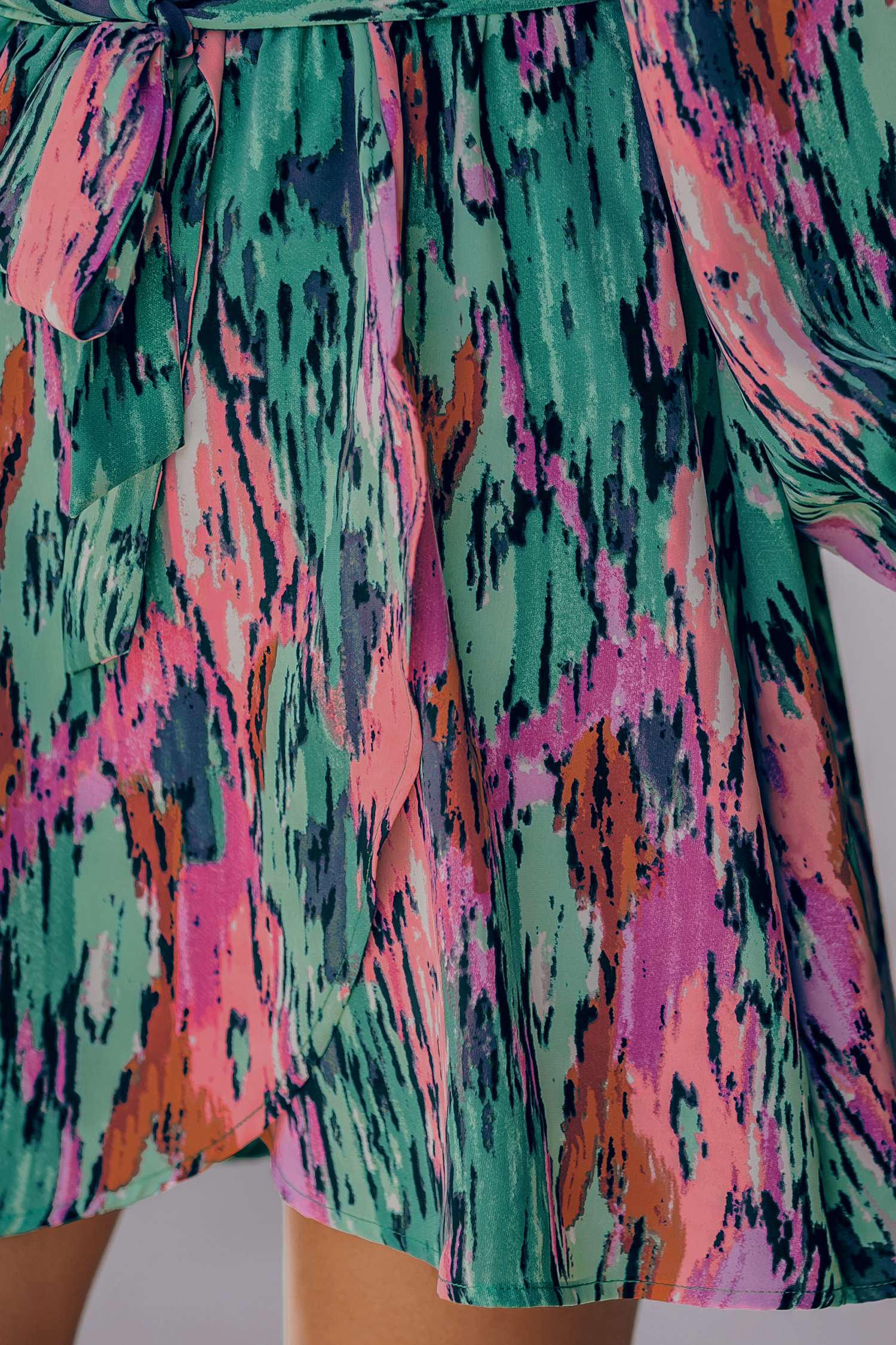 Belted Abstract Print Peasant Sleeve Dress