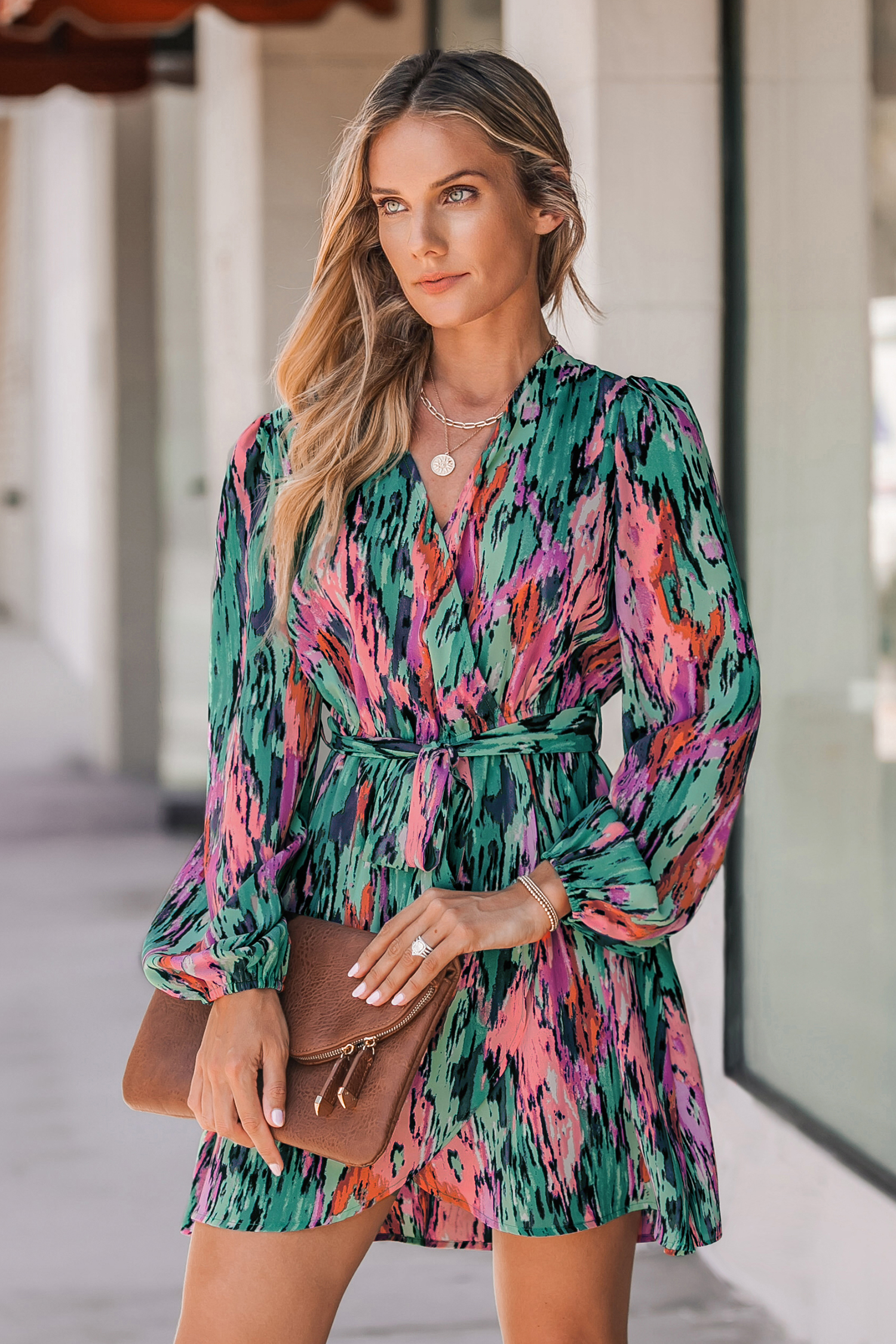 Belted Abstract Print Peasant Sleeve Dress
