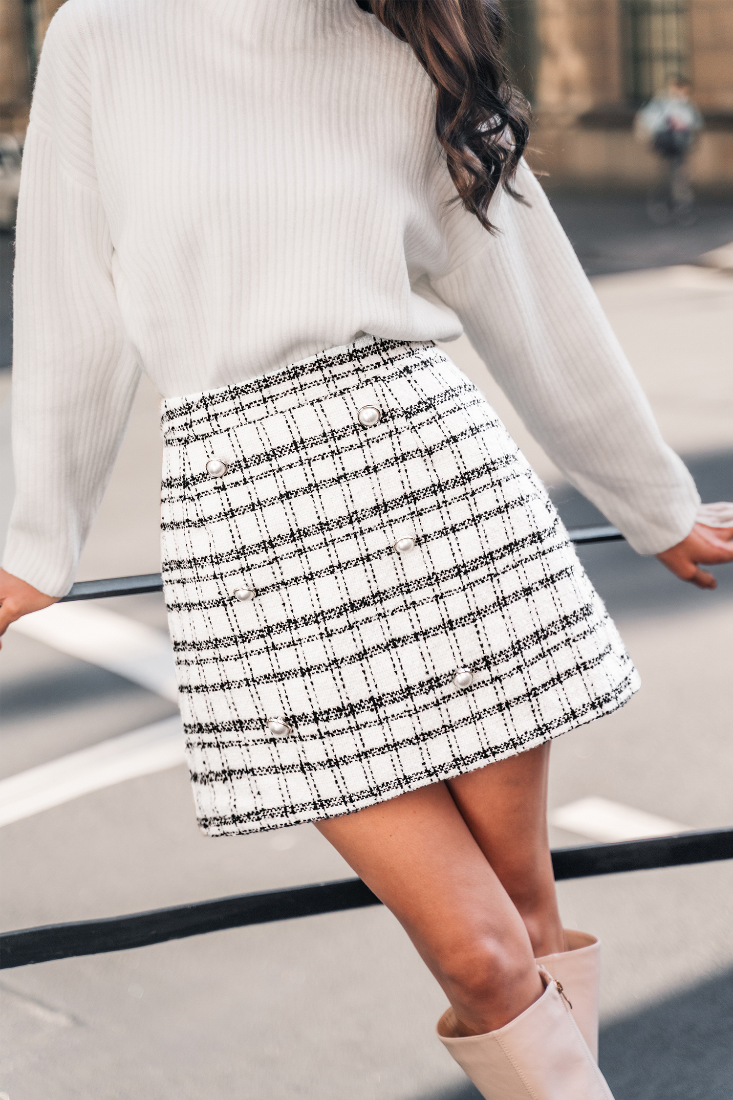 Tweed Faux Pearl Double Breasted Skirt