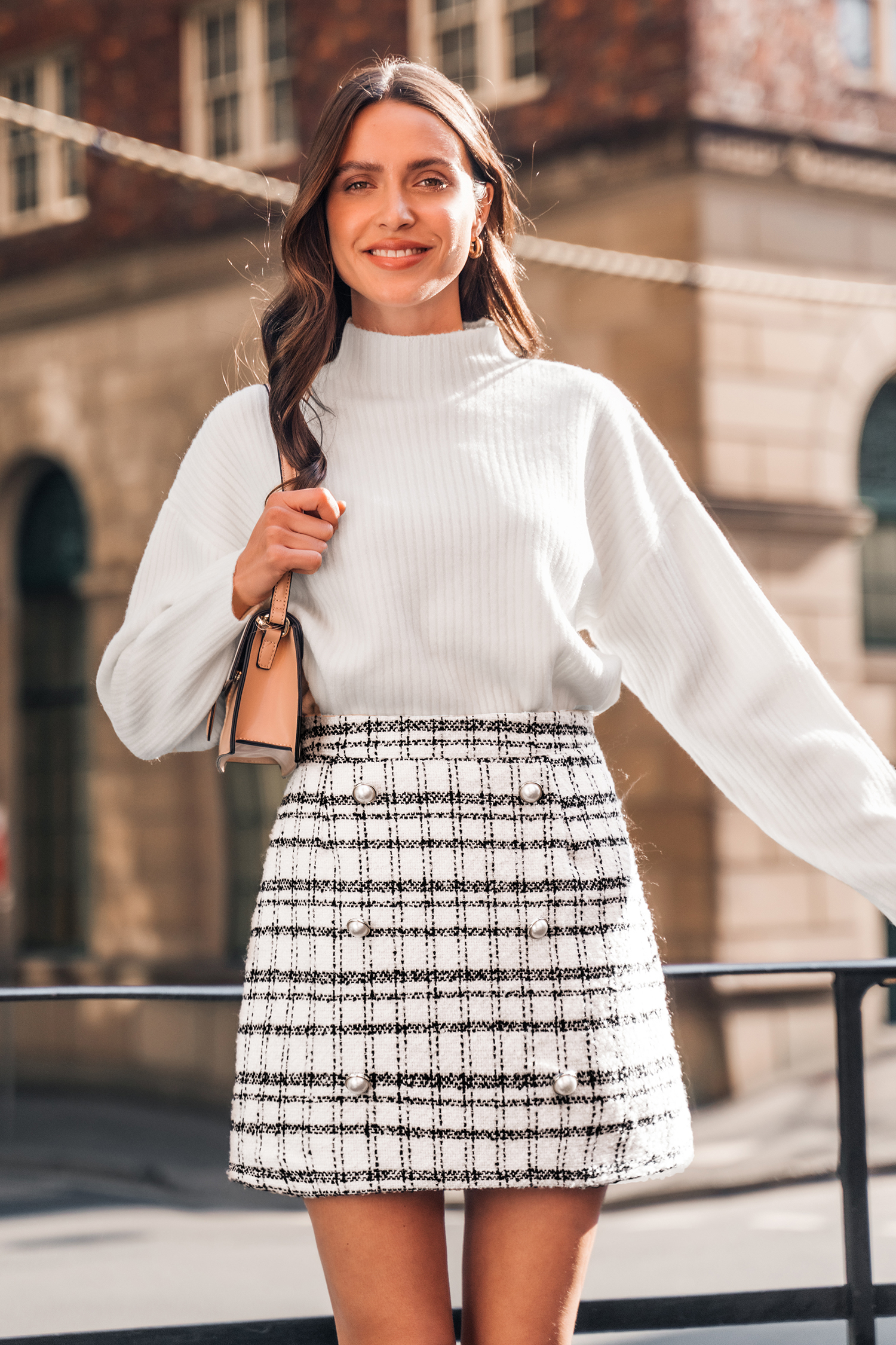 Tweed Faux Pearl Double Breasted Skirt