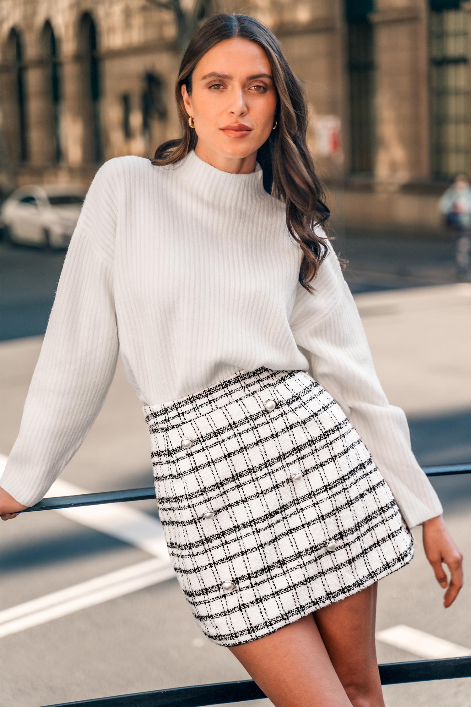 Tweed Faux Pearl Double Breasted Skirt