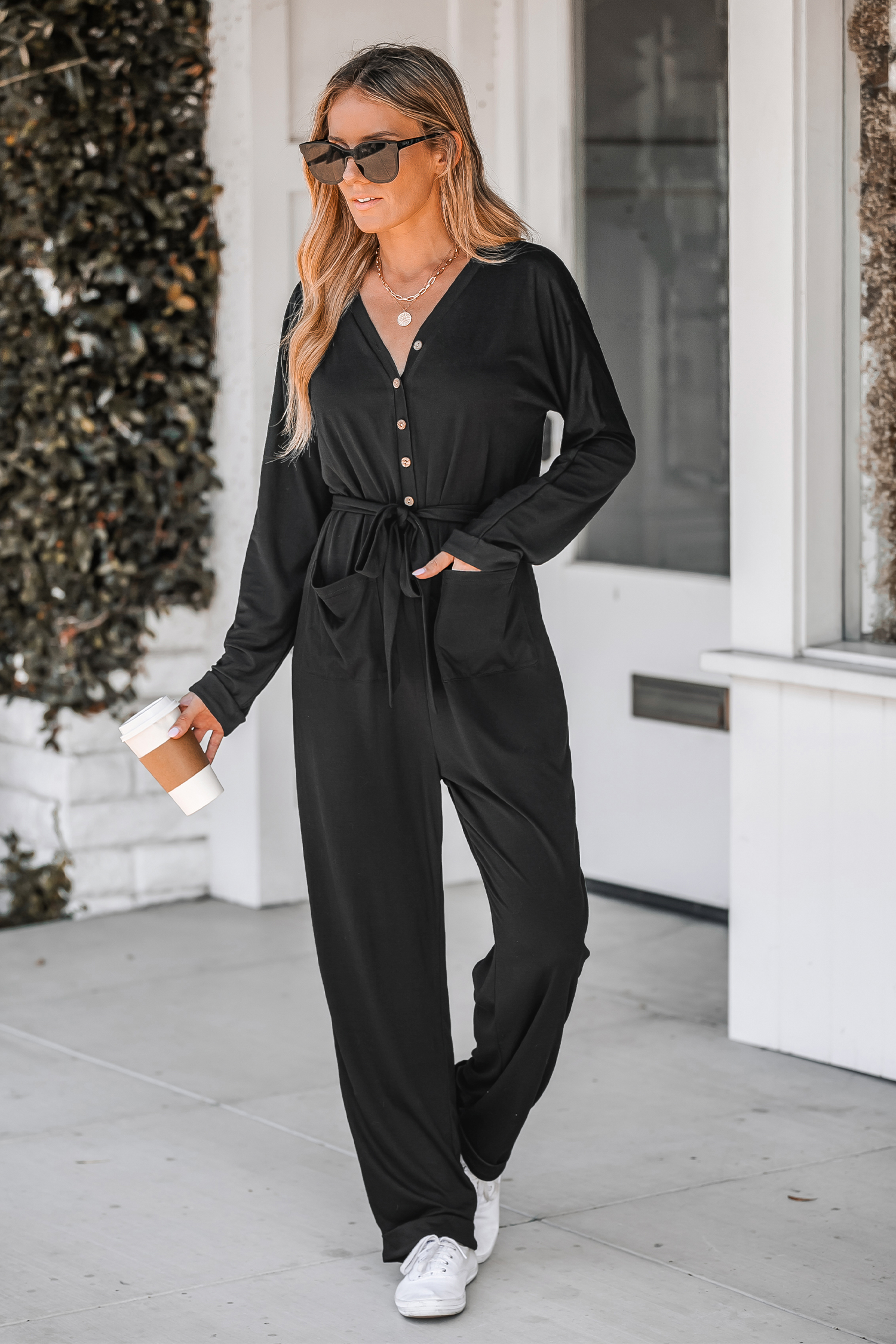 Onyx V-Neck Button-Front Jumpsuit
