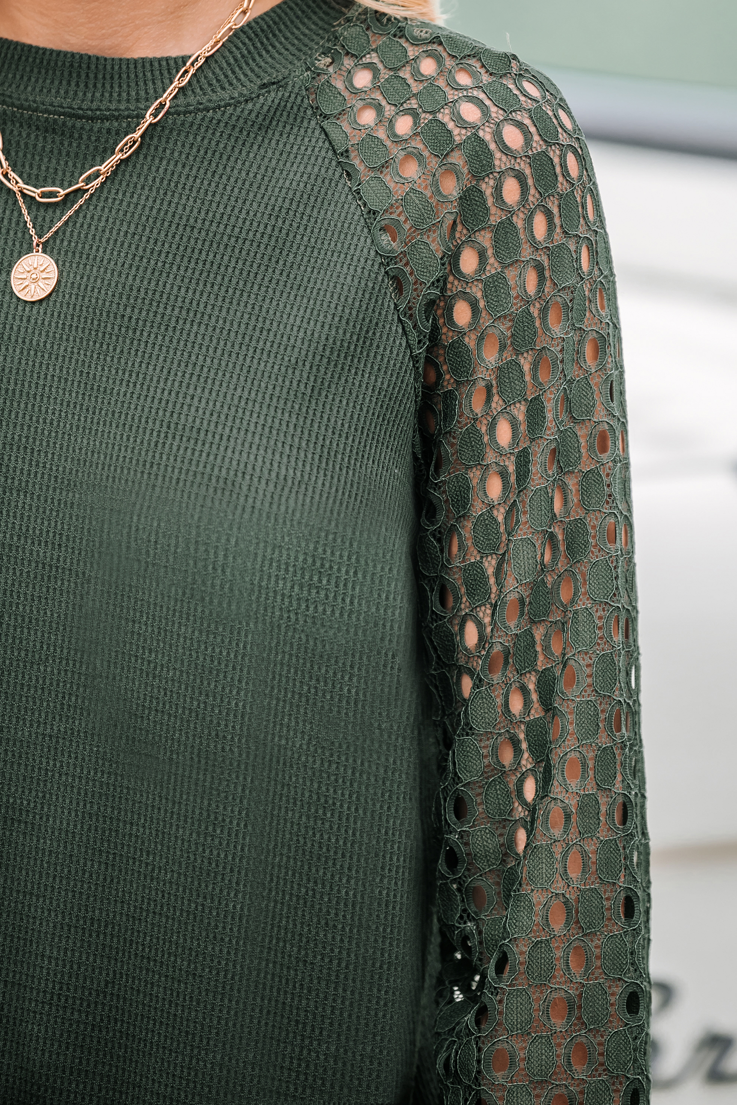 Olive Green Cutout Lace Sleeve Tee