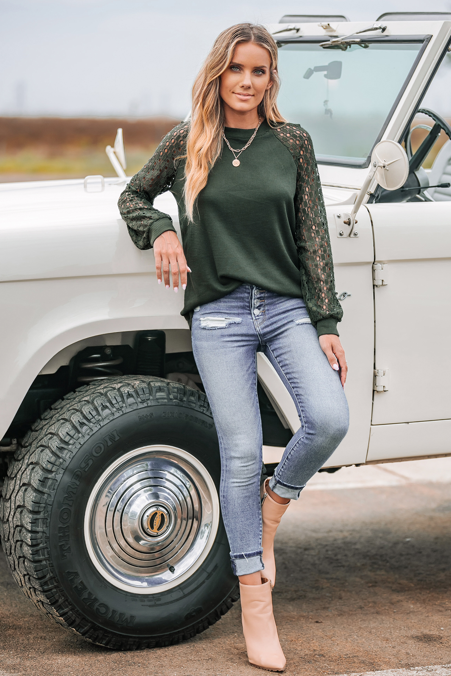 Olive Green Cutout Lace Sleeve Tee