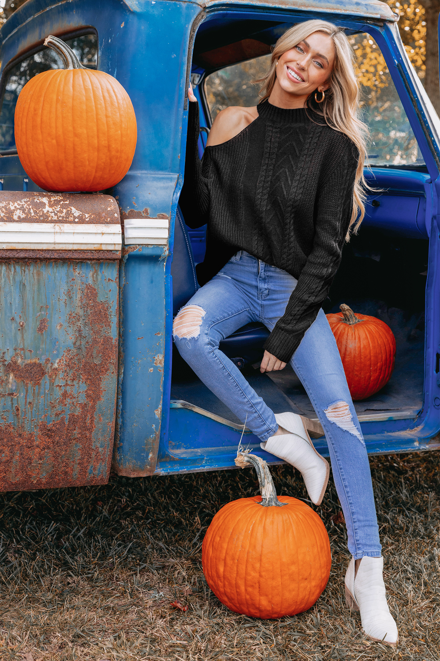 Cable Knit Mock Neck Cutout Jumper