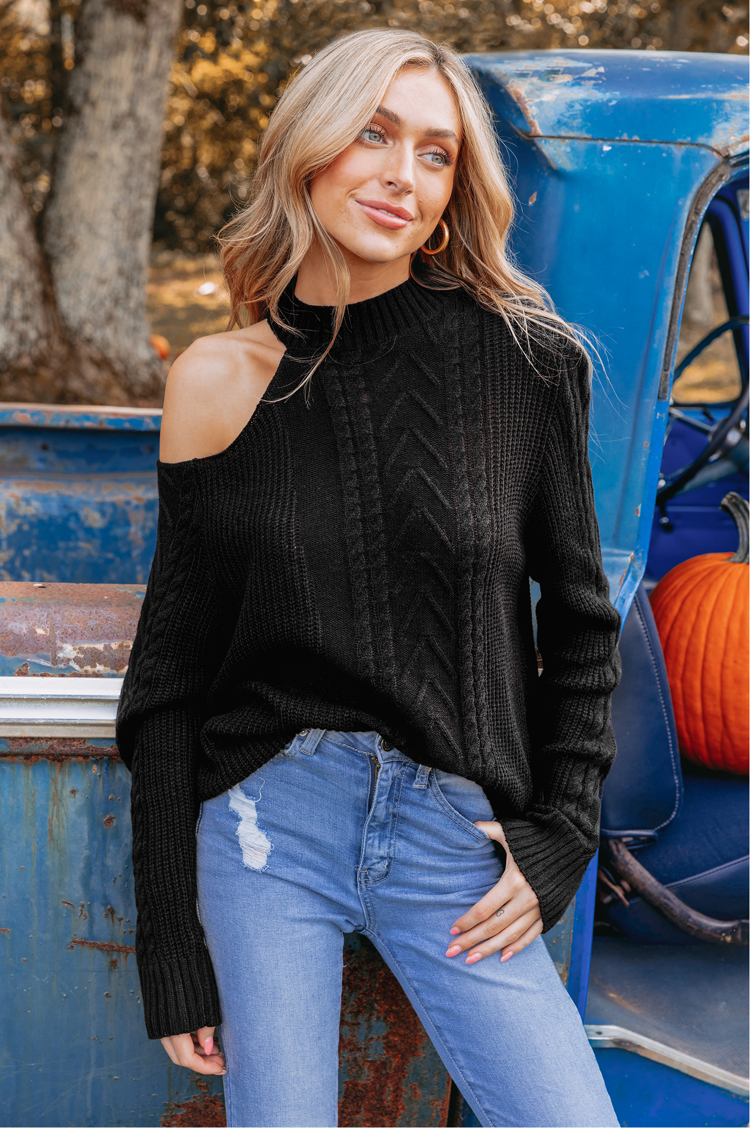 Cable Knit Mock Neck Cutout Jumper
