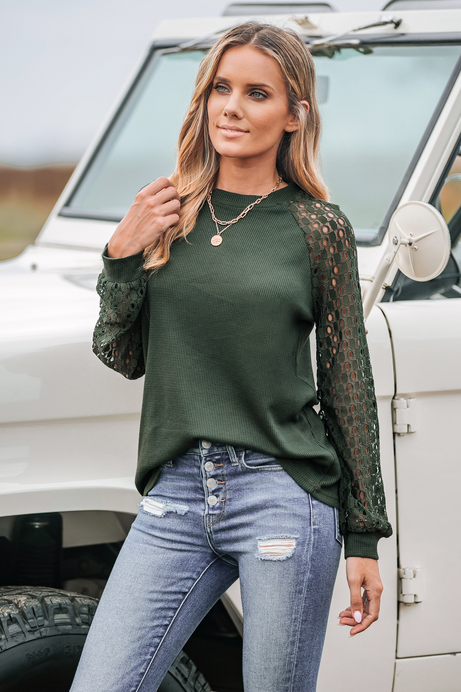 Olive Green Cutout Lace Sleeve Tee