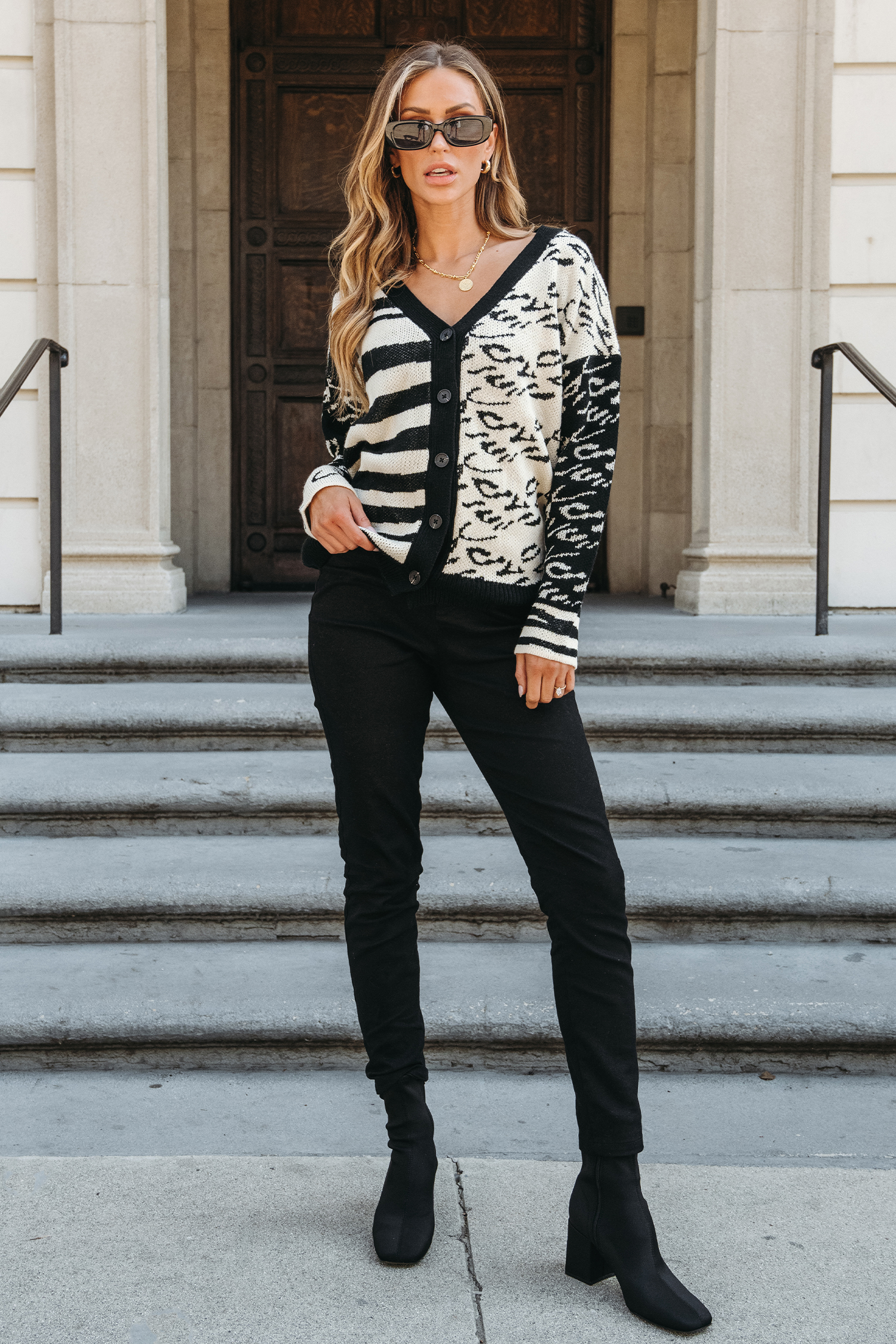 Striped Leopard Print V-Neck Cardigan