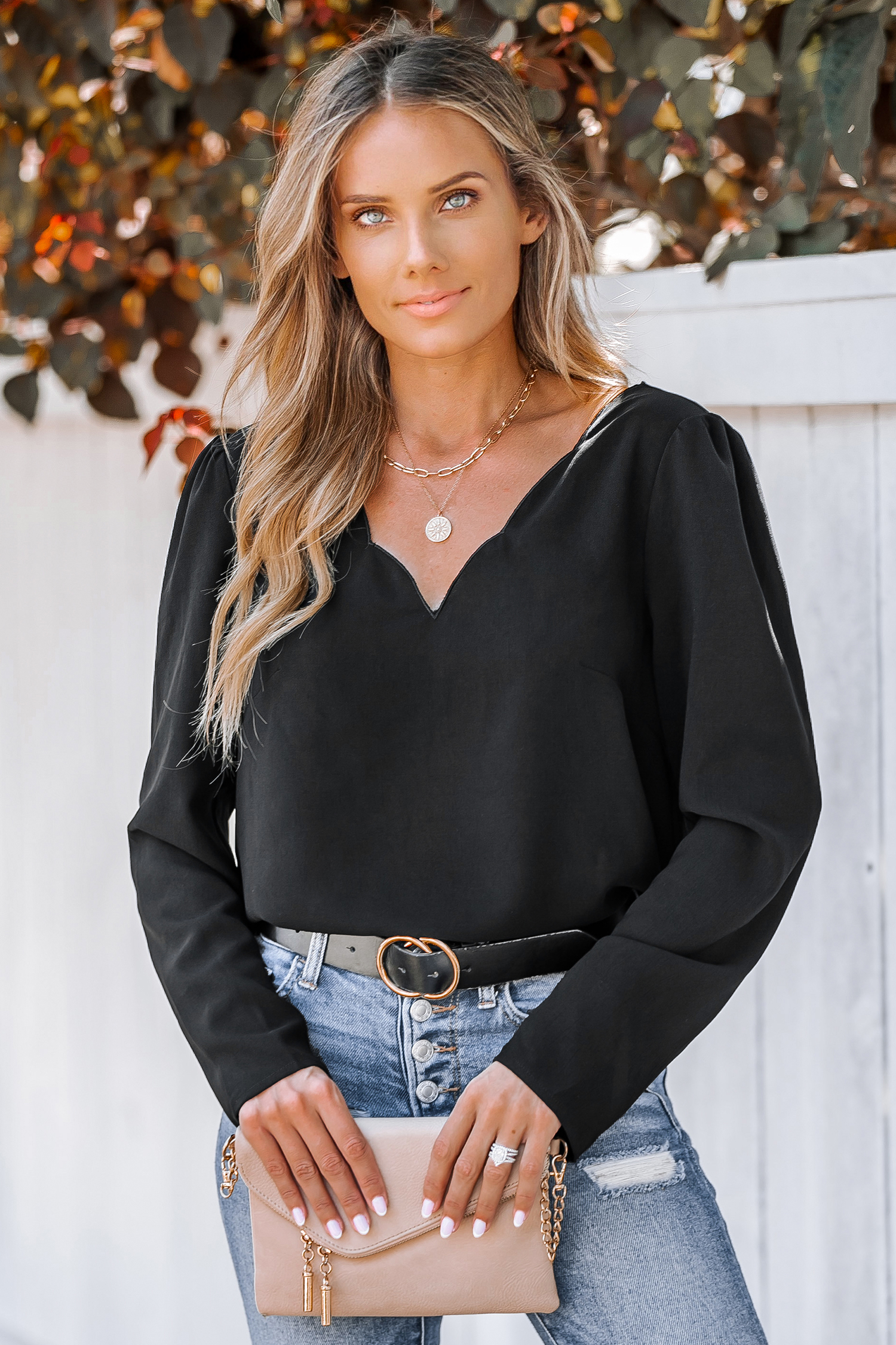 Shadow Scalloped V-Neck Top