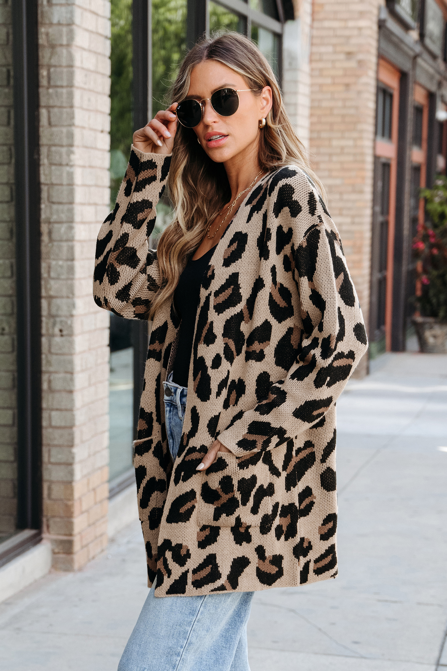 Leopard Print Open-Front Pocket Cardigan