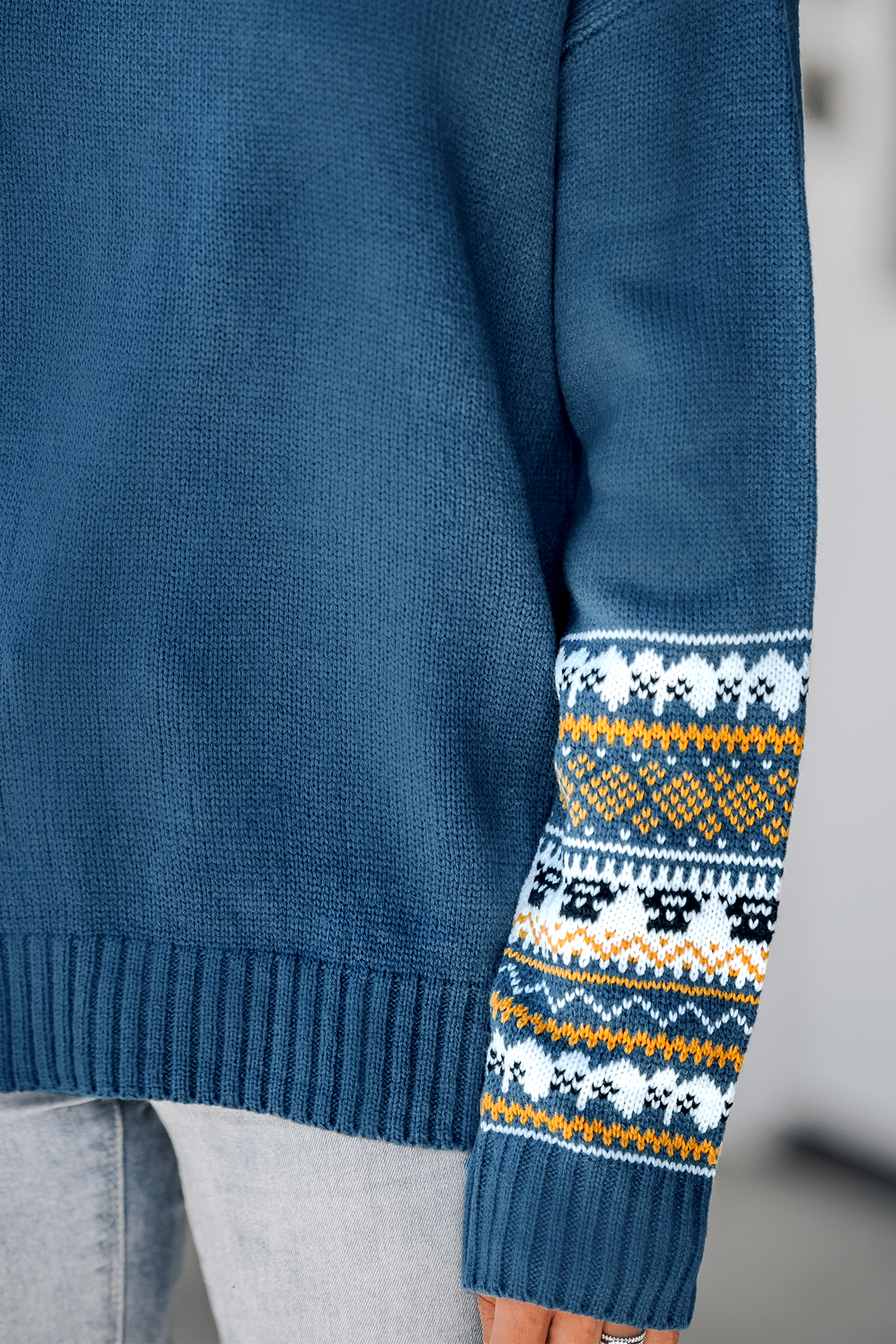 Fair Isle Trim Mock Neck Sweater
