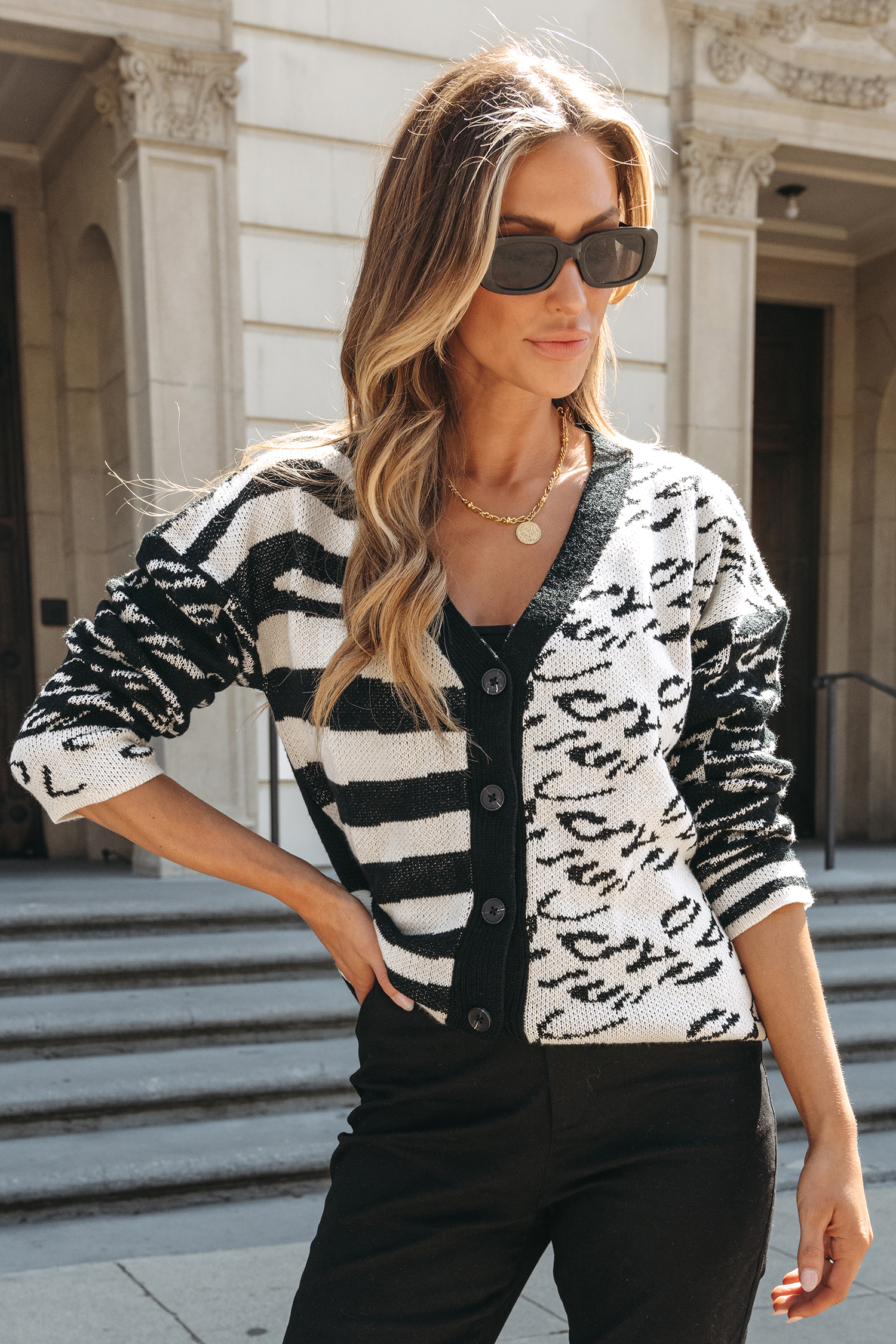 Striped Leopard Print V-Neck Cardigan