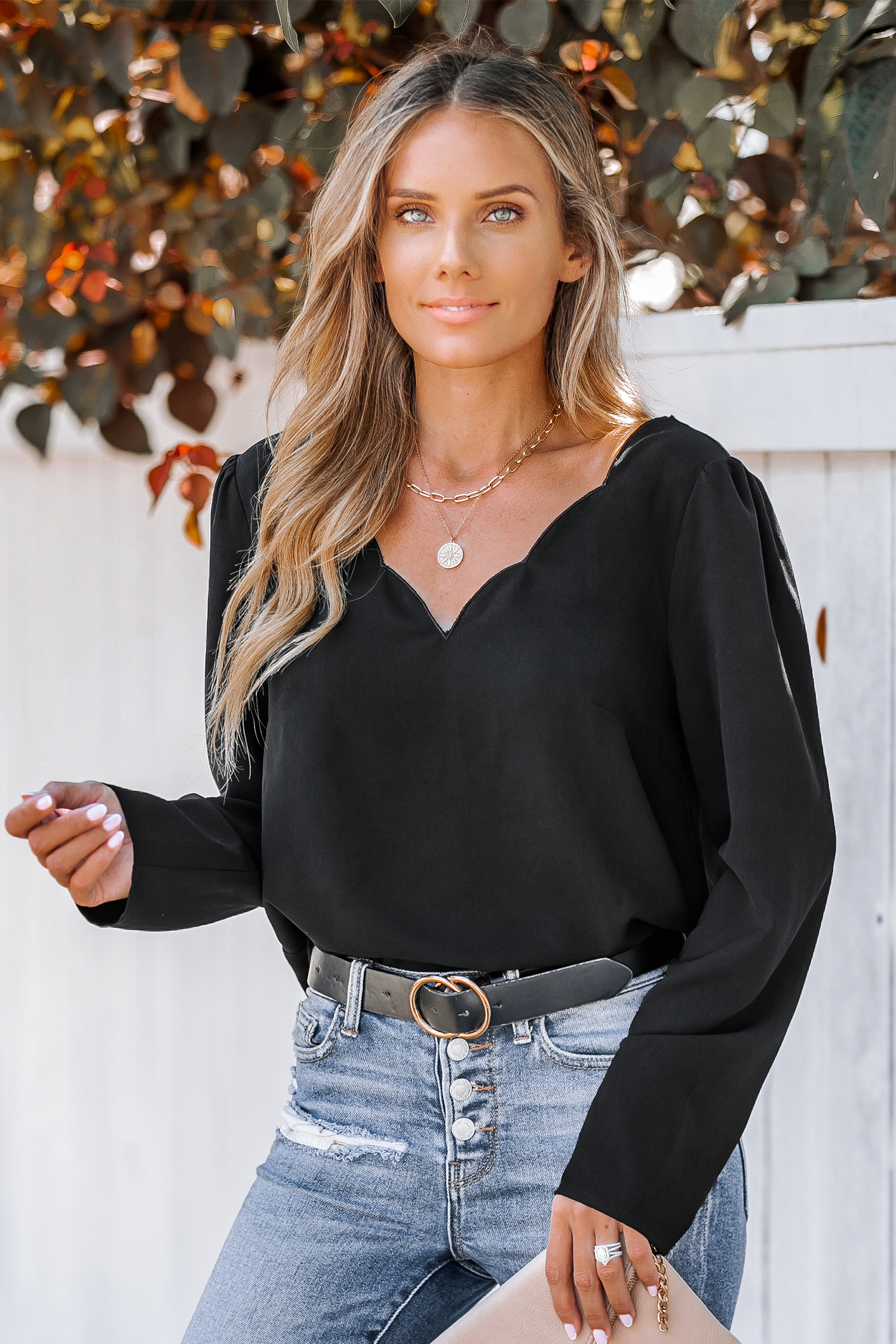 Shadow Scalloped V-Neck Top