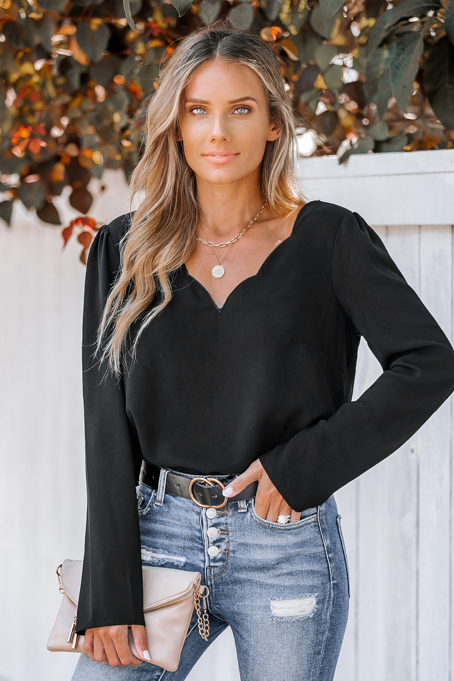 Shadow Scalloped V-Neck Top