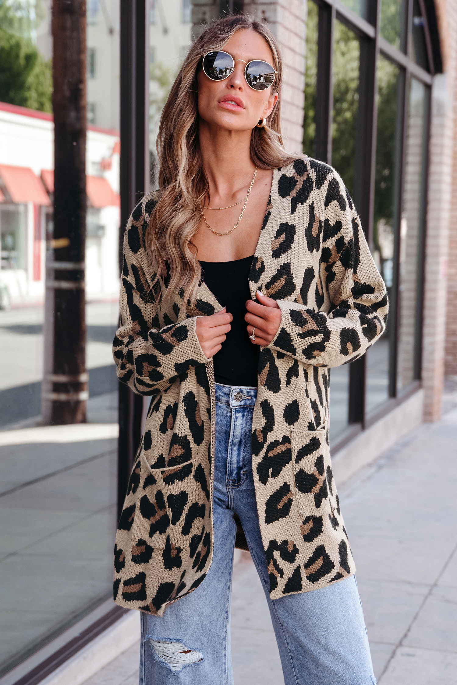 Leopard Print Open-Front Pocket Cardigan