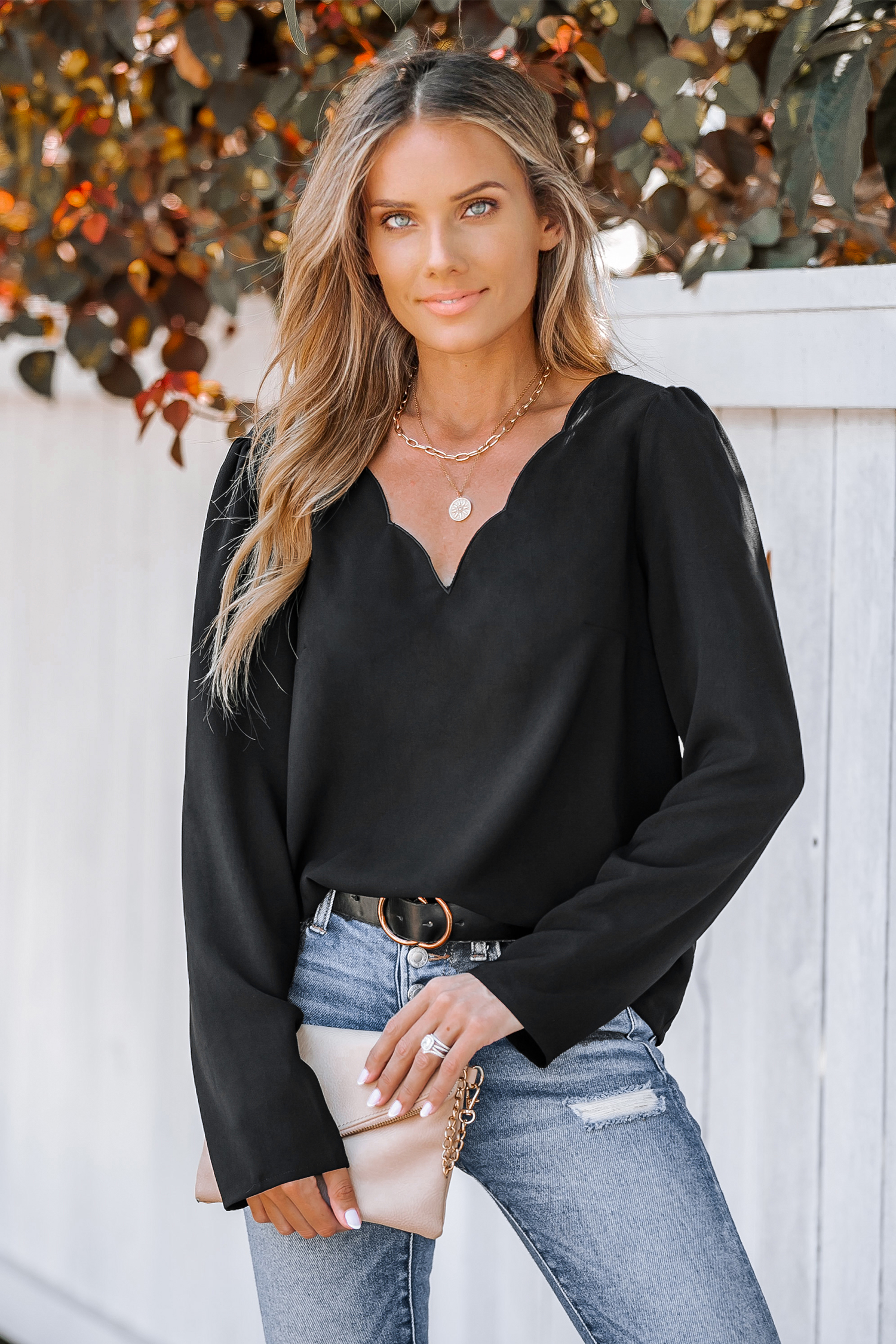 Shadow Scalloped V-Neck Top