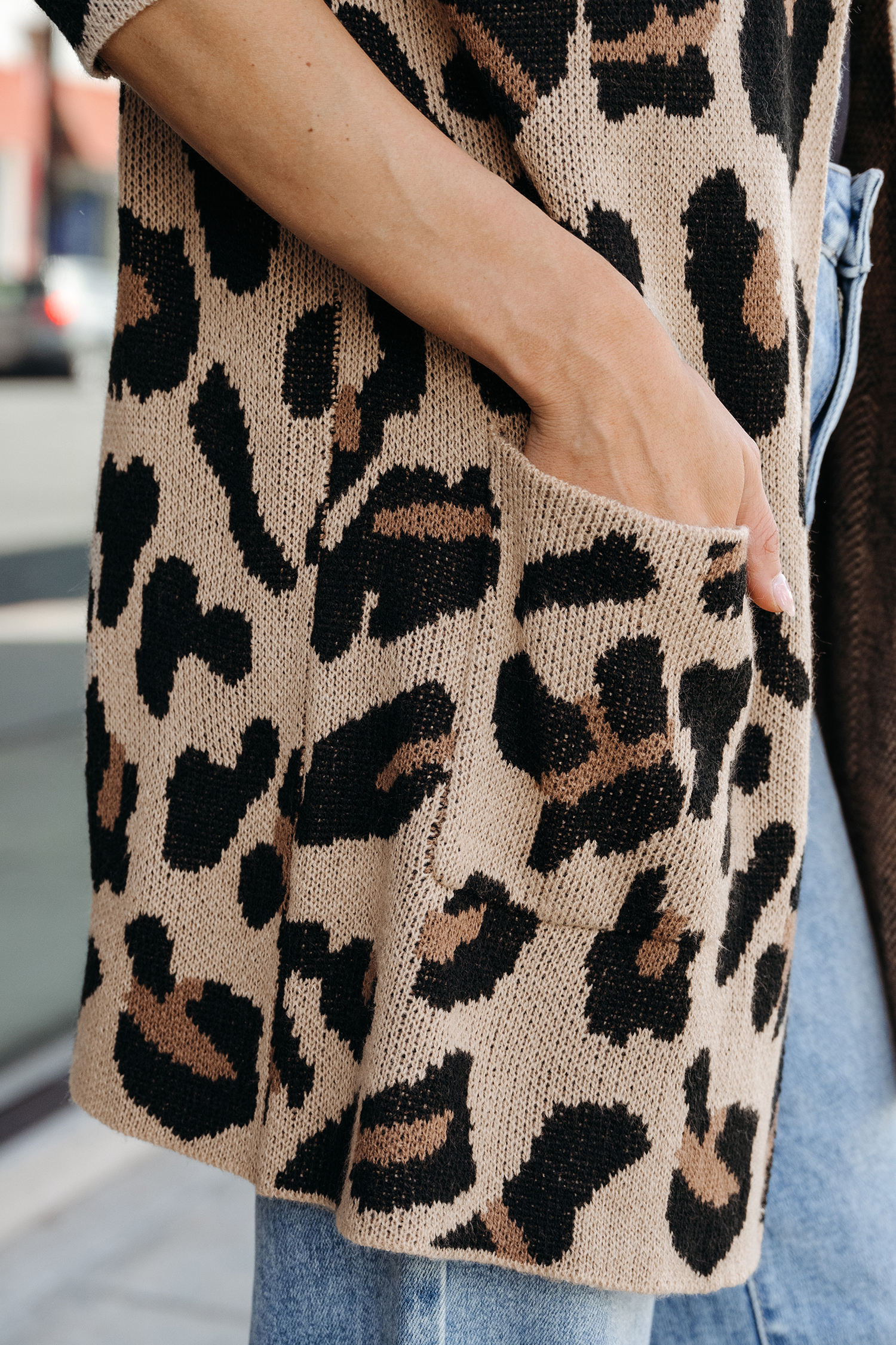 Leopard Print Open-Front Pocket Cardigan