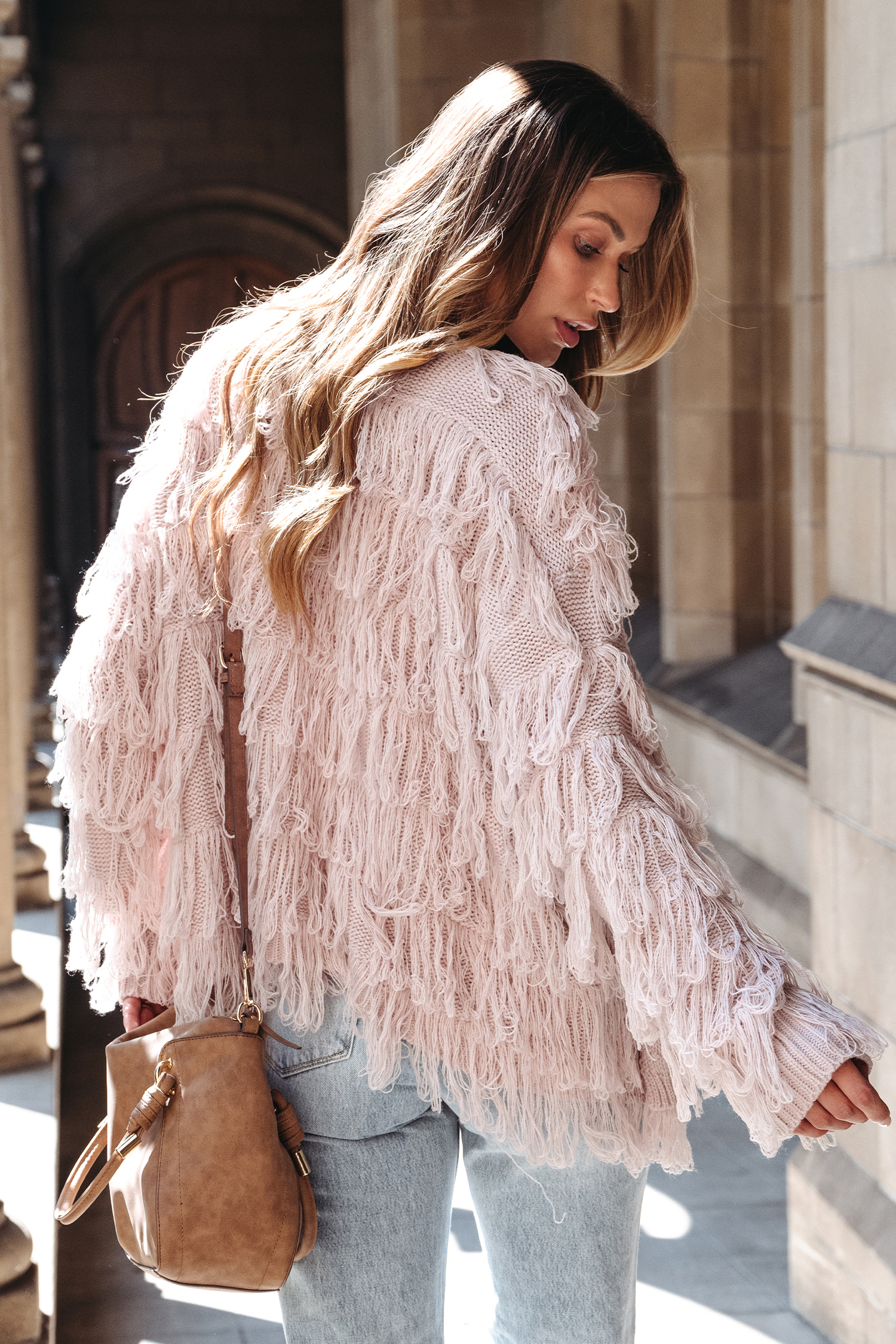 Blush Pink Open-Front Shag Cardigan