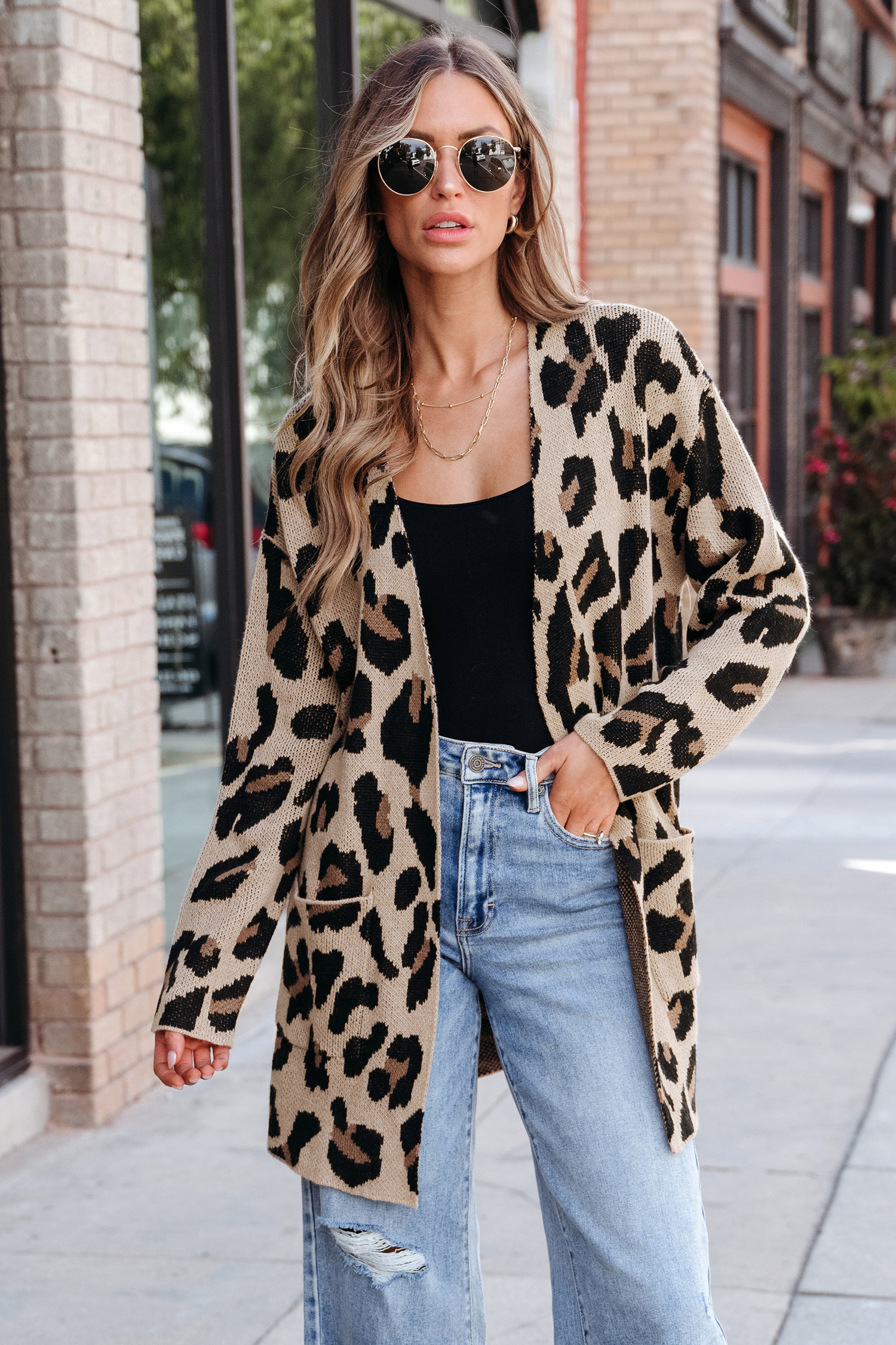 Leopard Print Open-Front Pocket Cardigan