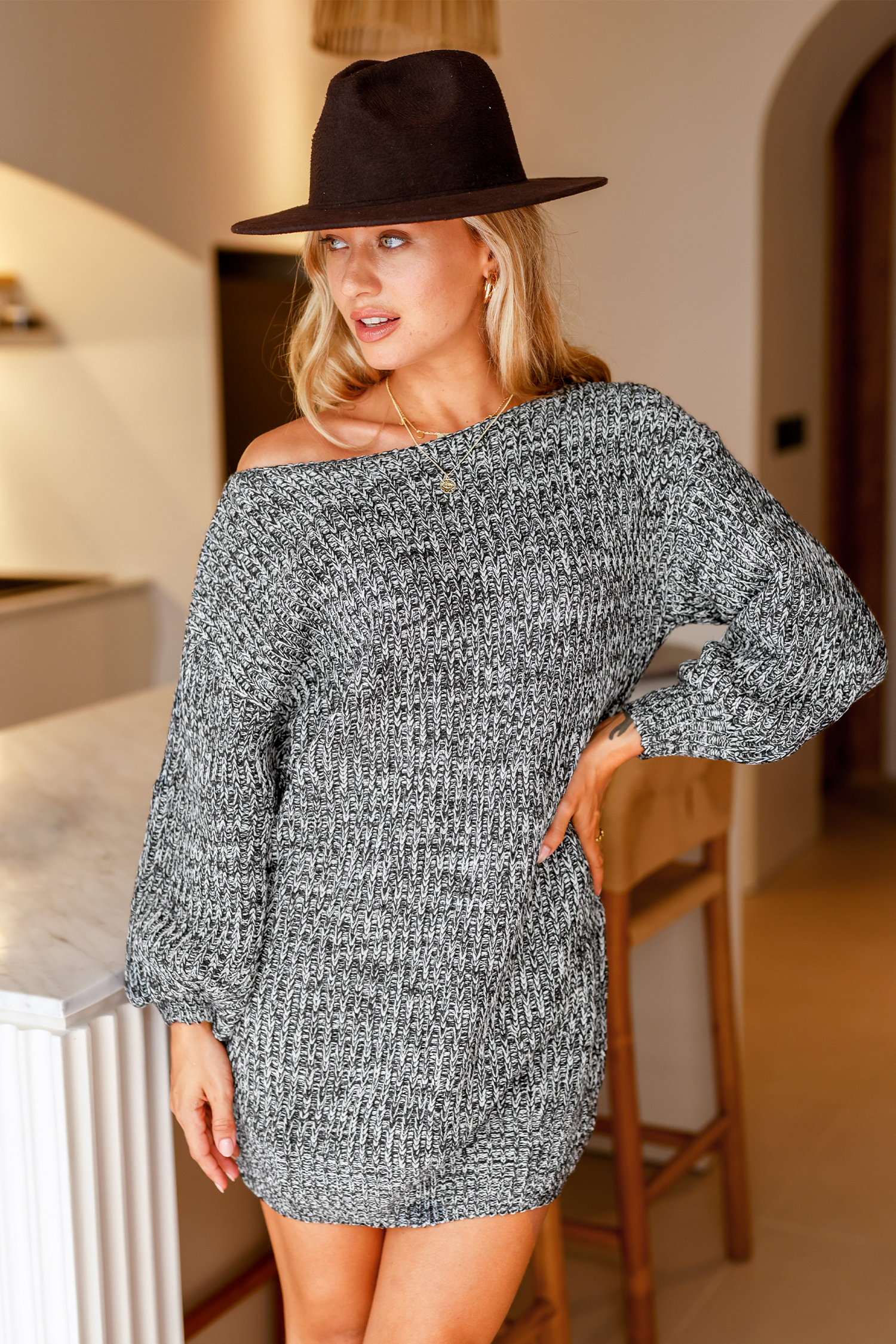 Marled Knit One-Shoulder Sweater Dress