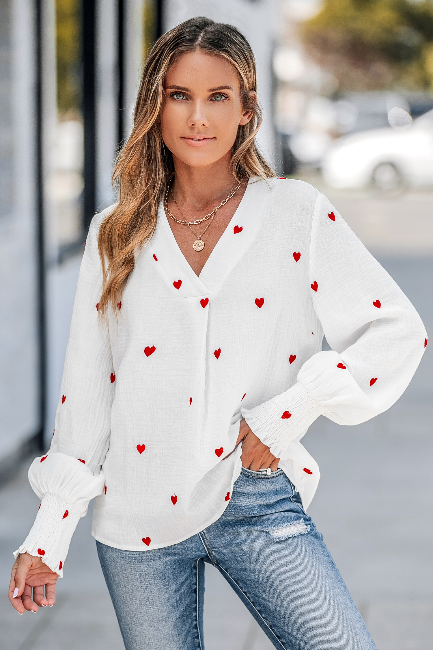 Embroidered Heart Gauze Top