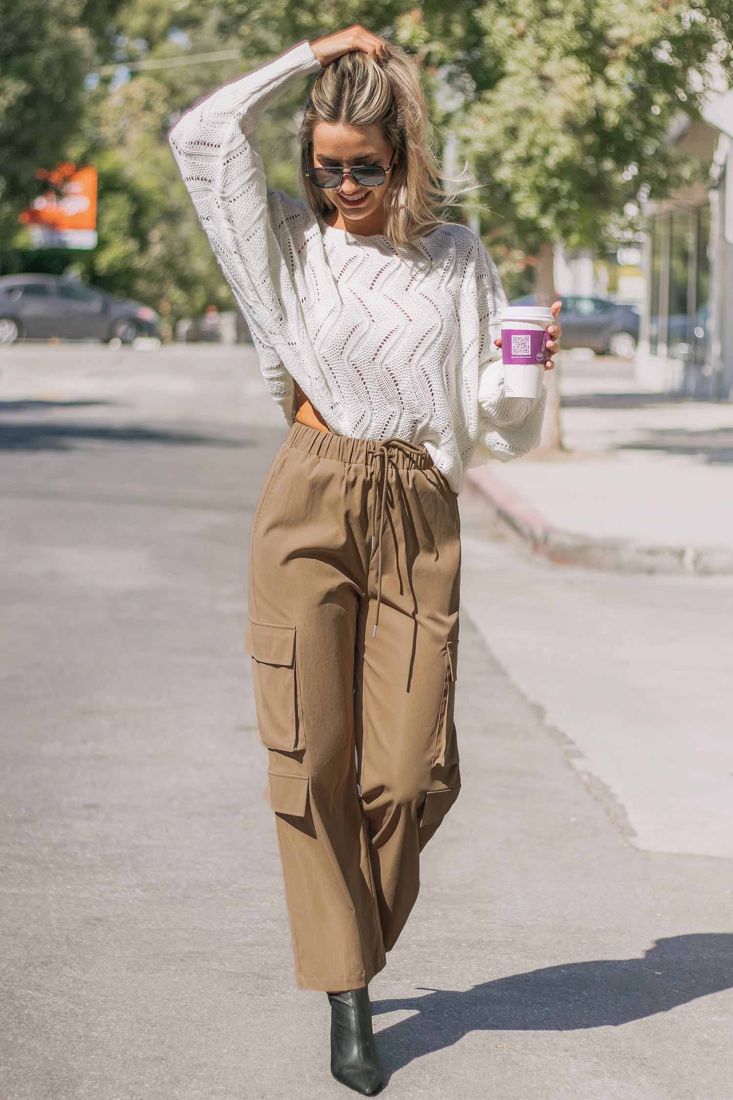 Latte Drawstring Waist Cargo Pants