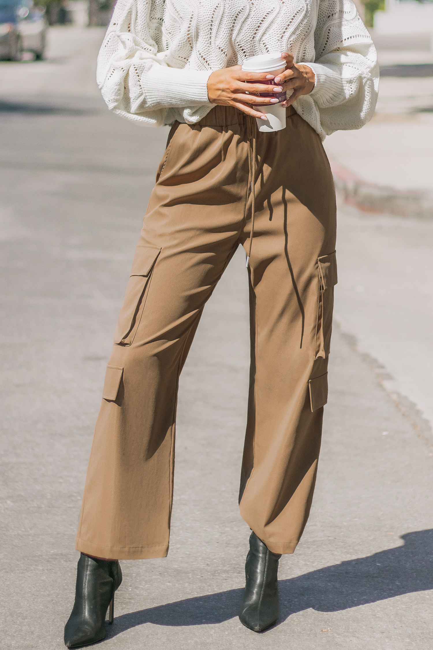 Latte Drawstring Waist Cargo Pants