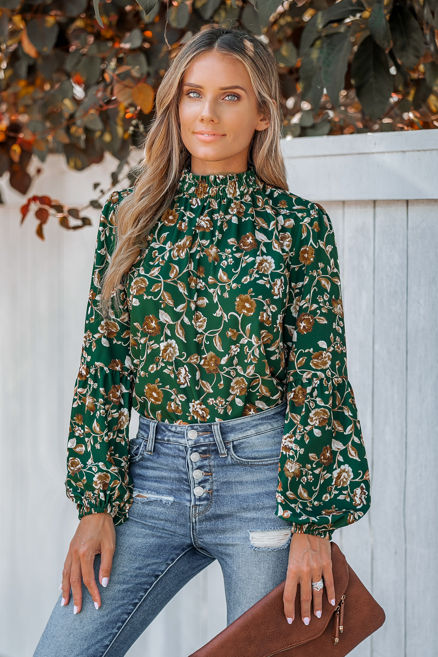 Floral Print Smocked Mock Neck Top