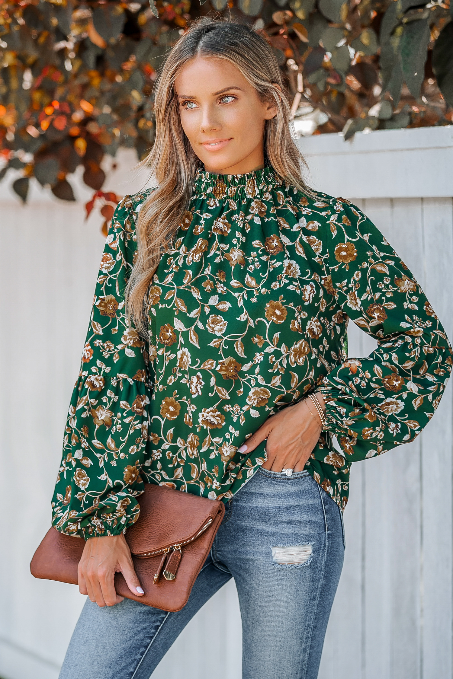 Floral Print Smocked Mock Neck Top