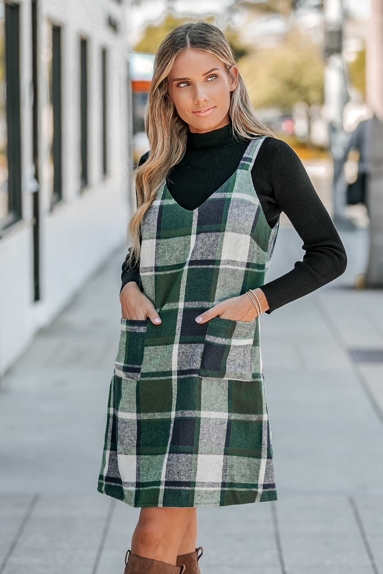 Plaid V-Neck Pockets Mini Dress