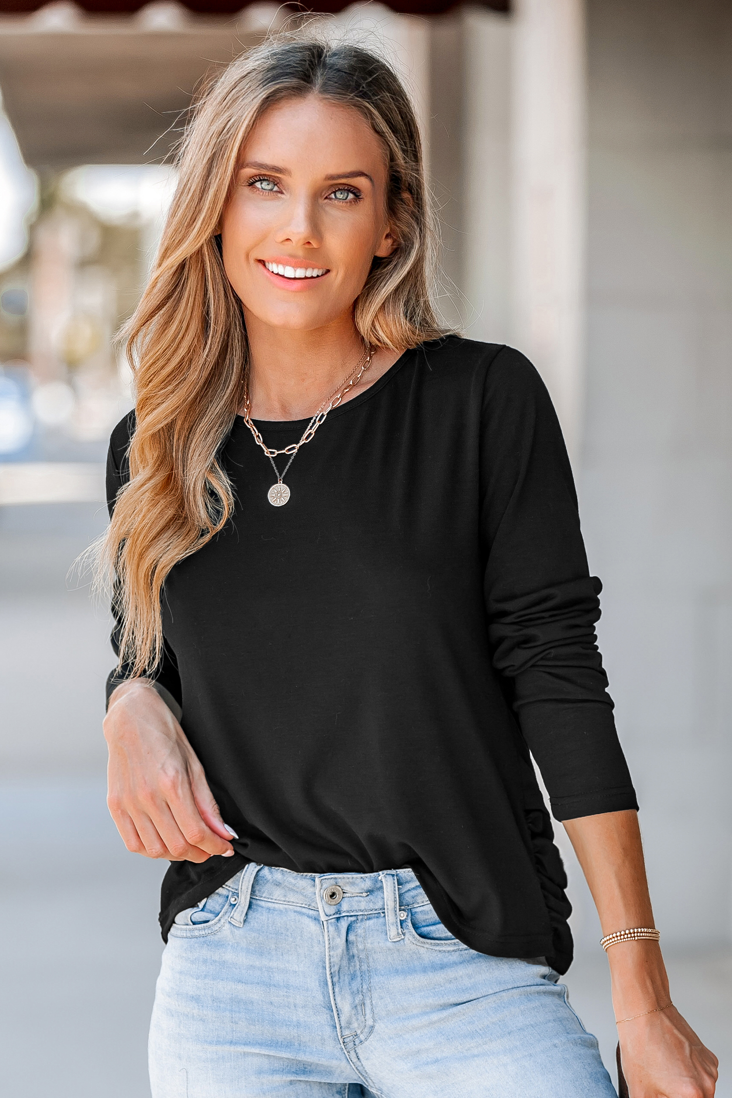 Marled Knit Caged Back Black Tee