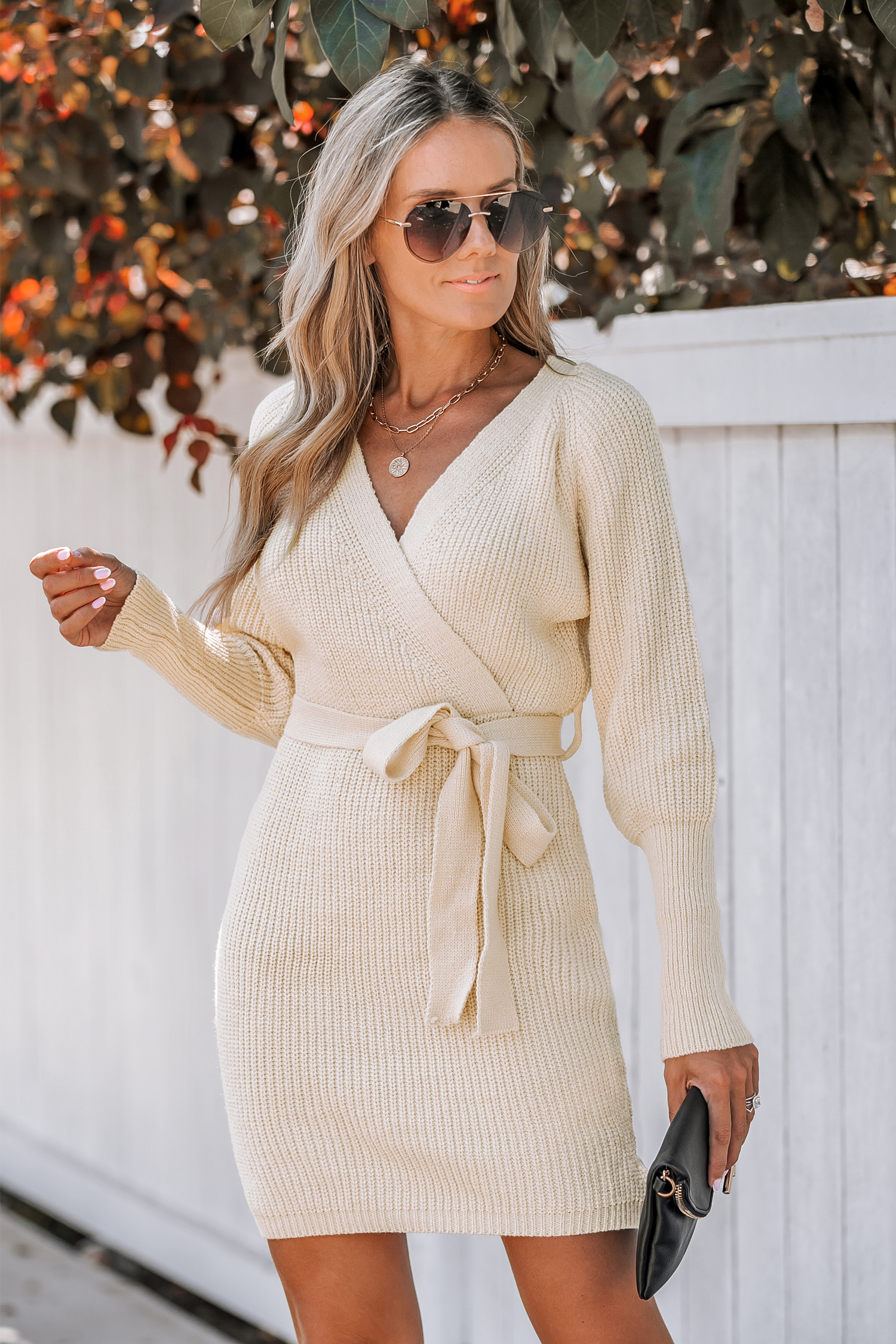 Rib V-Neck Belted Sweater Dress