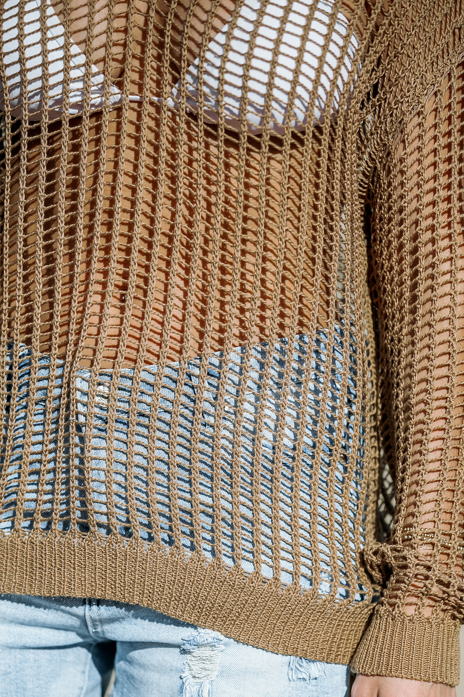 Frans beige open gebreide cover-up