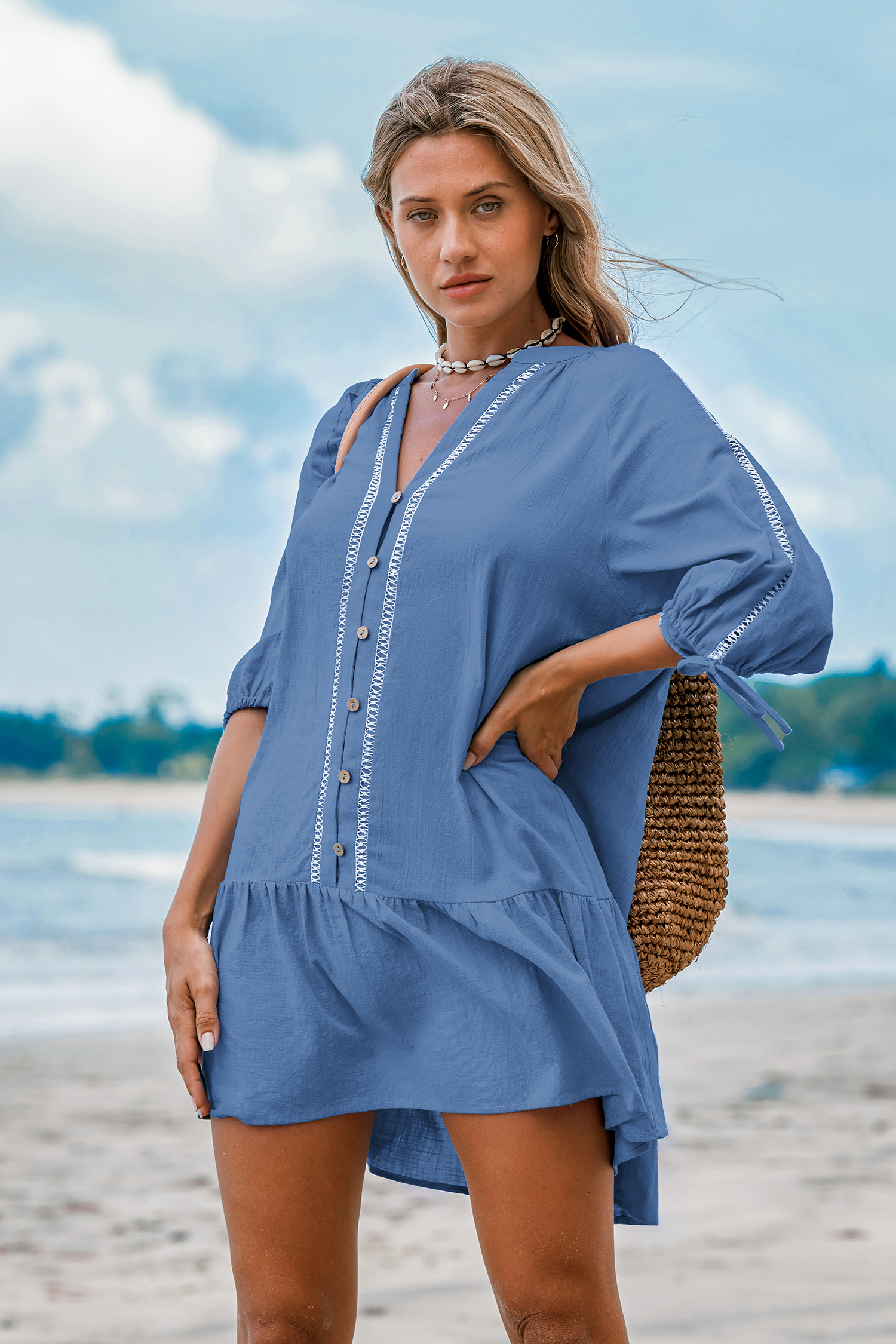Chambray Flounce Hem Mini Dress