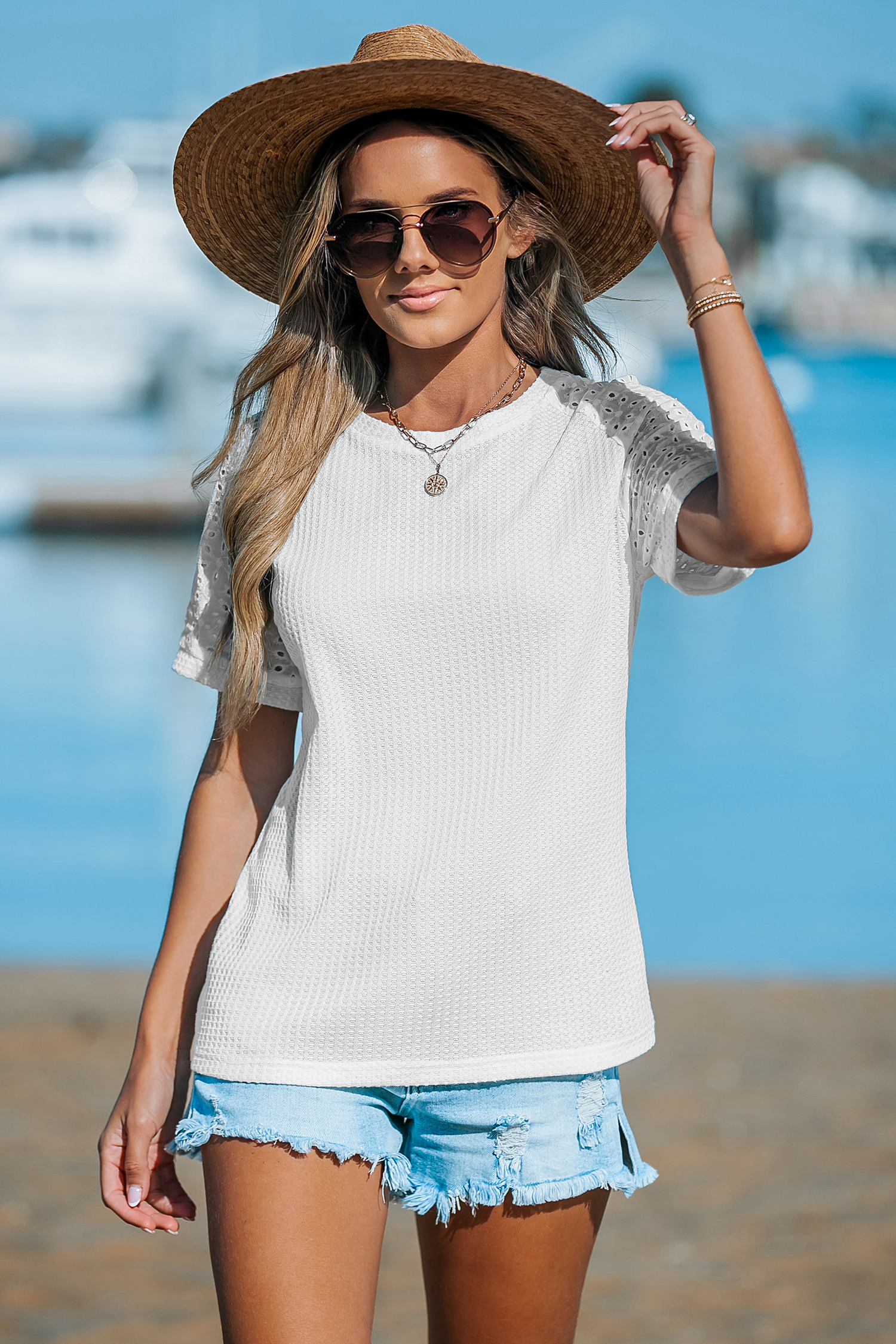 Round Neck Eyelet Sleeve Raglan