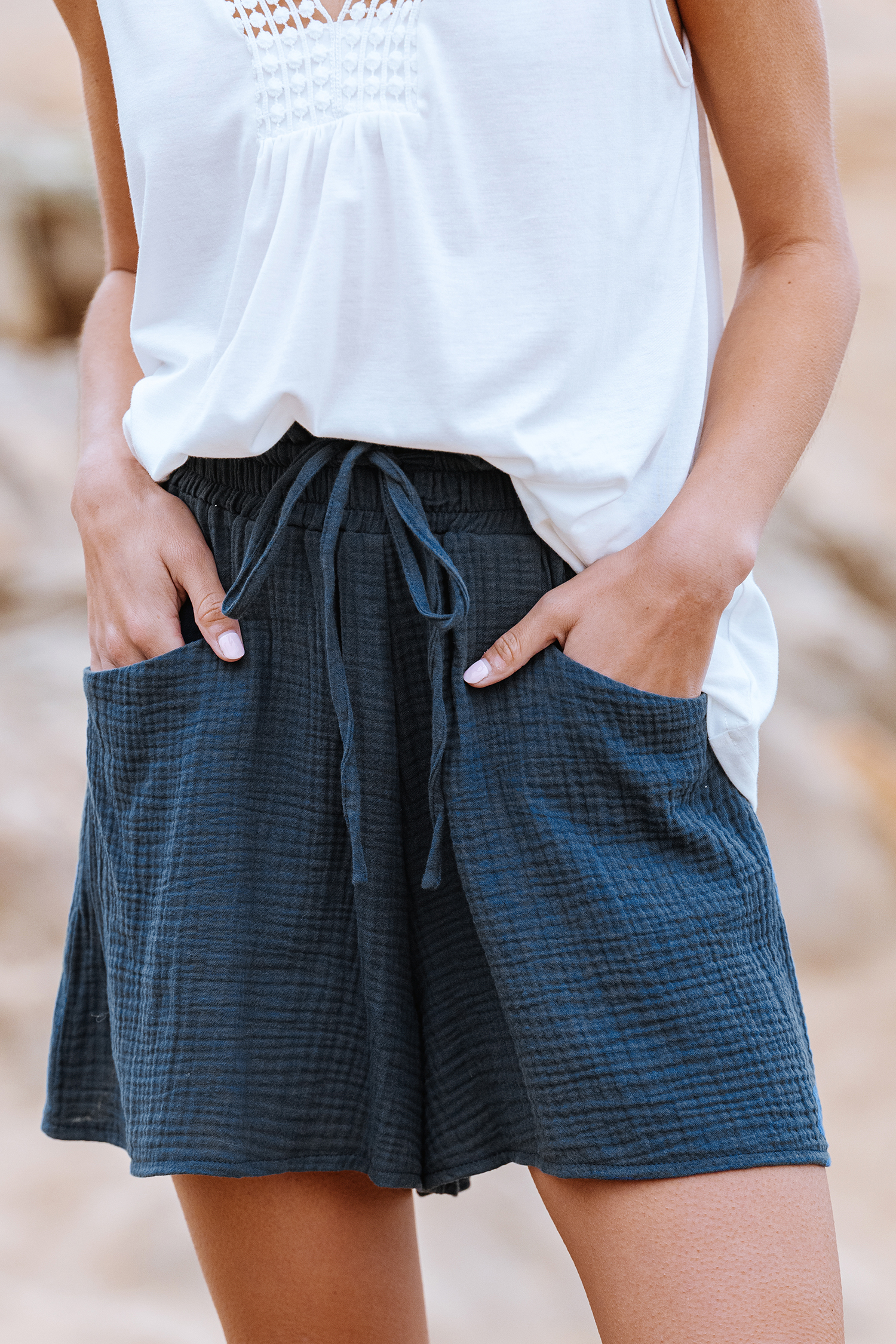 Blue Flared Crinkle Shorts