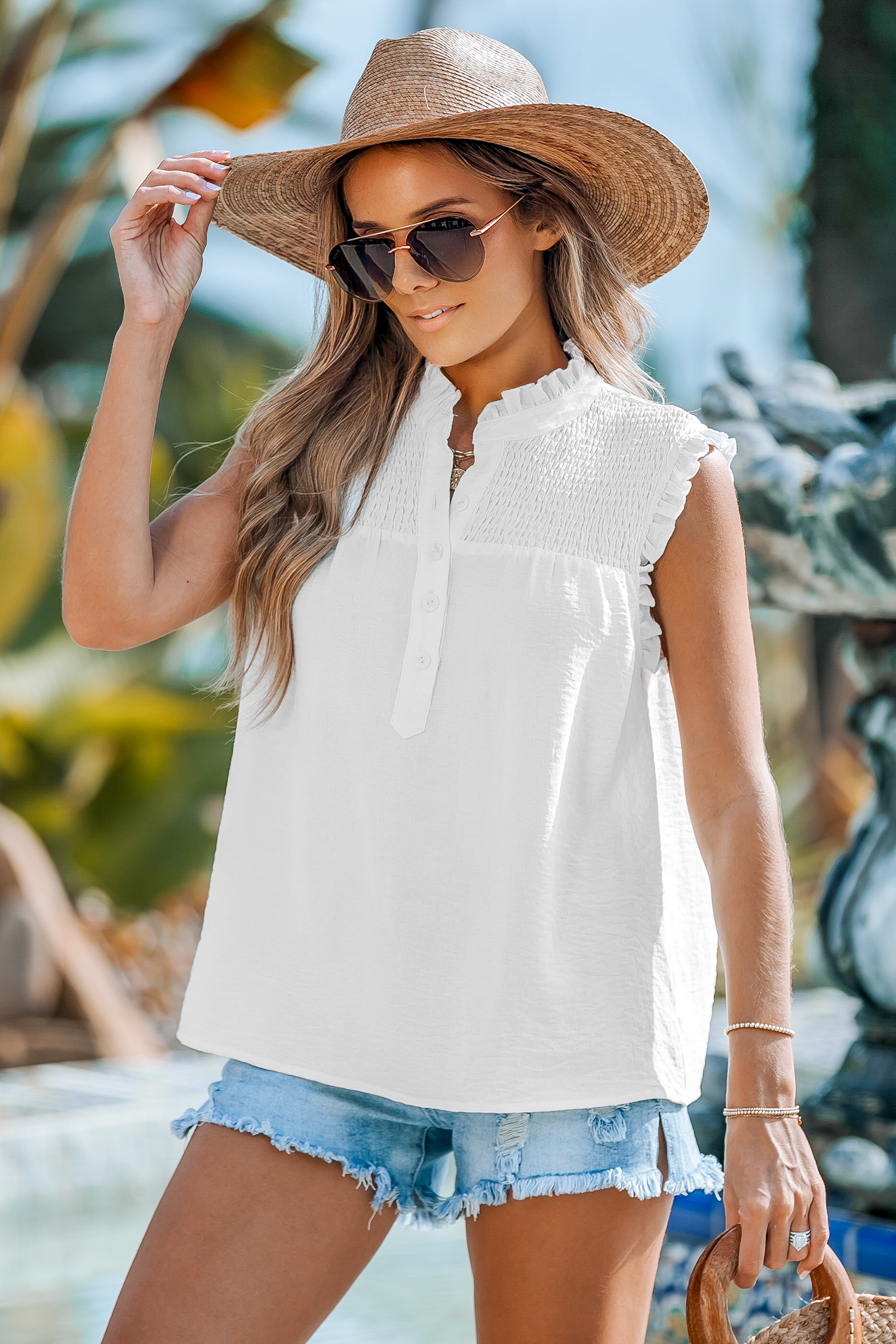Pleated & Smocked Sleeveless Top