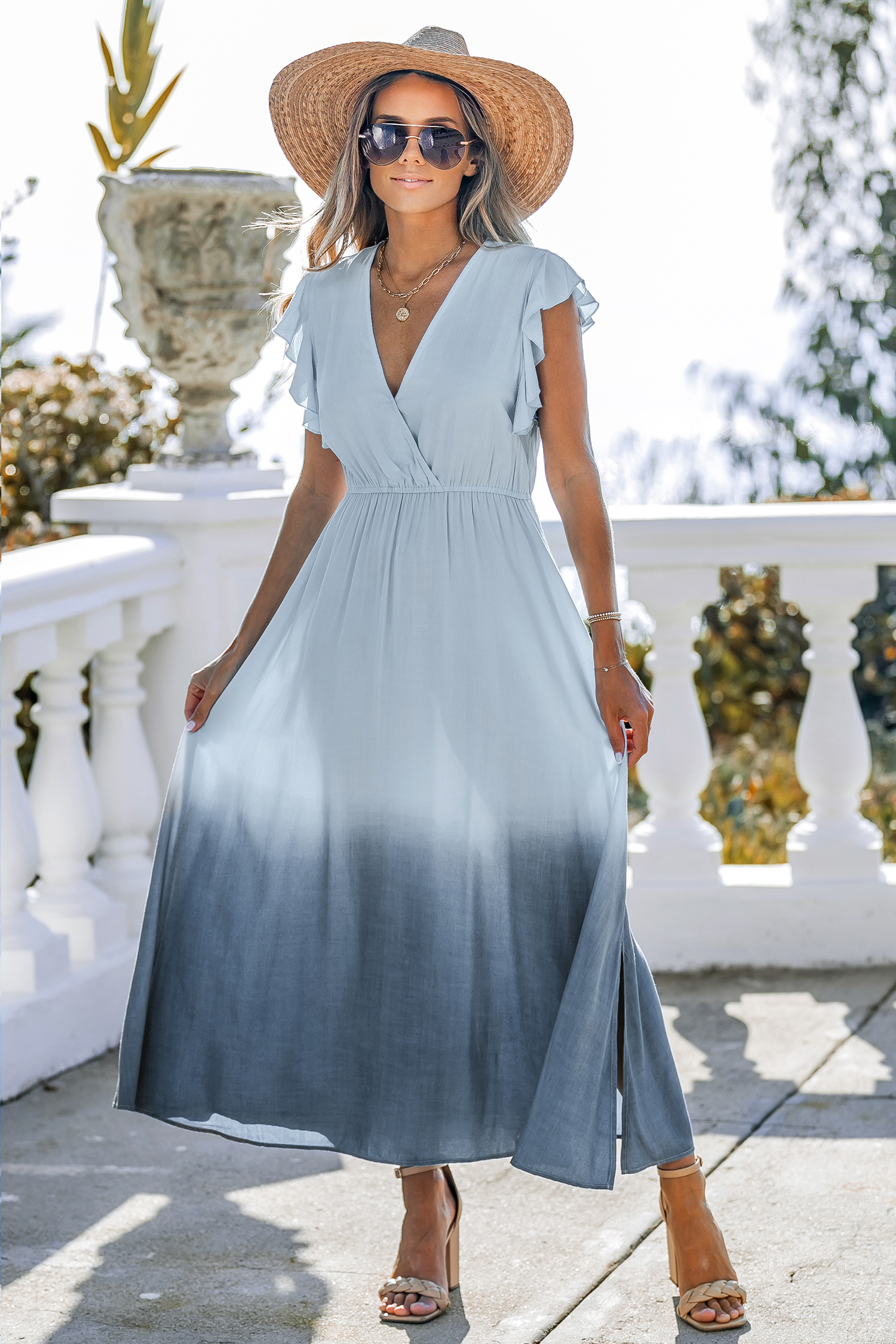 Slate Ombre Plunging Maxi Dress