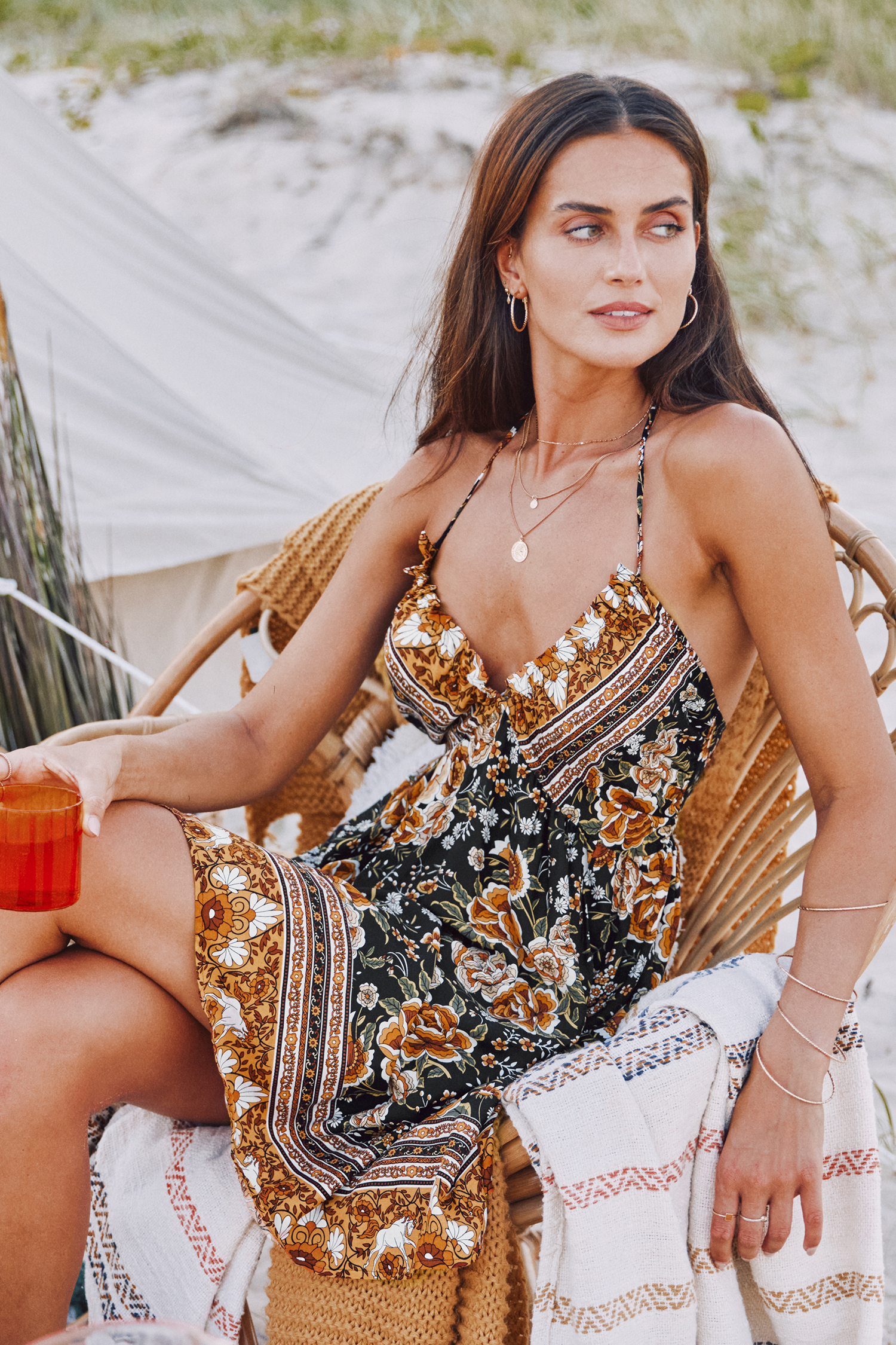 Burnt Orange & Brown Halterneck Sweetheart Mini Dress