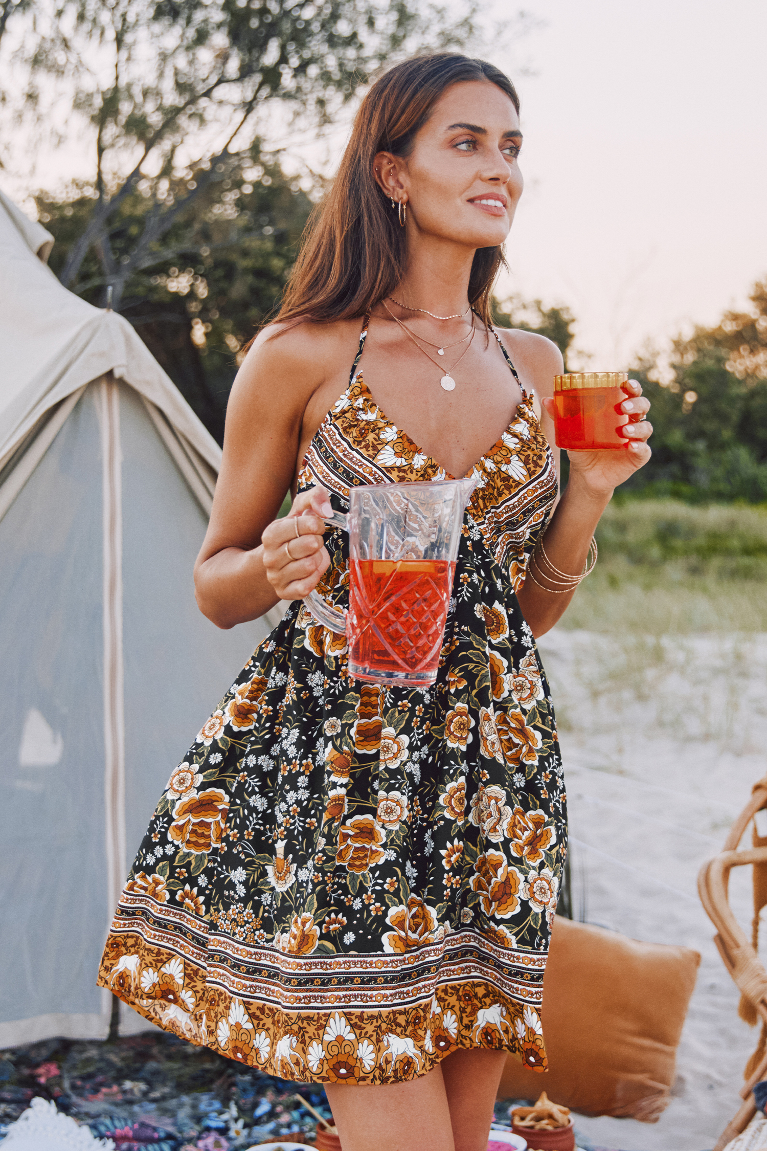 Burnt Orange & Brown Halterneck Sweetheart Mini Dress