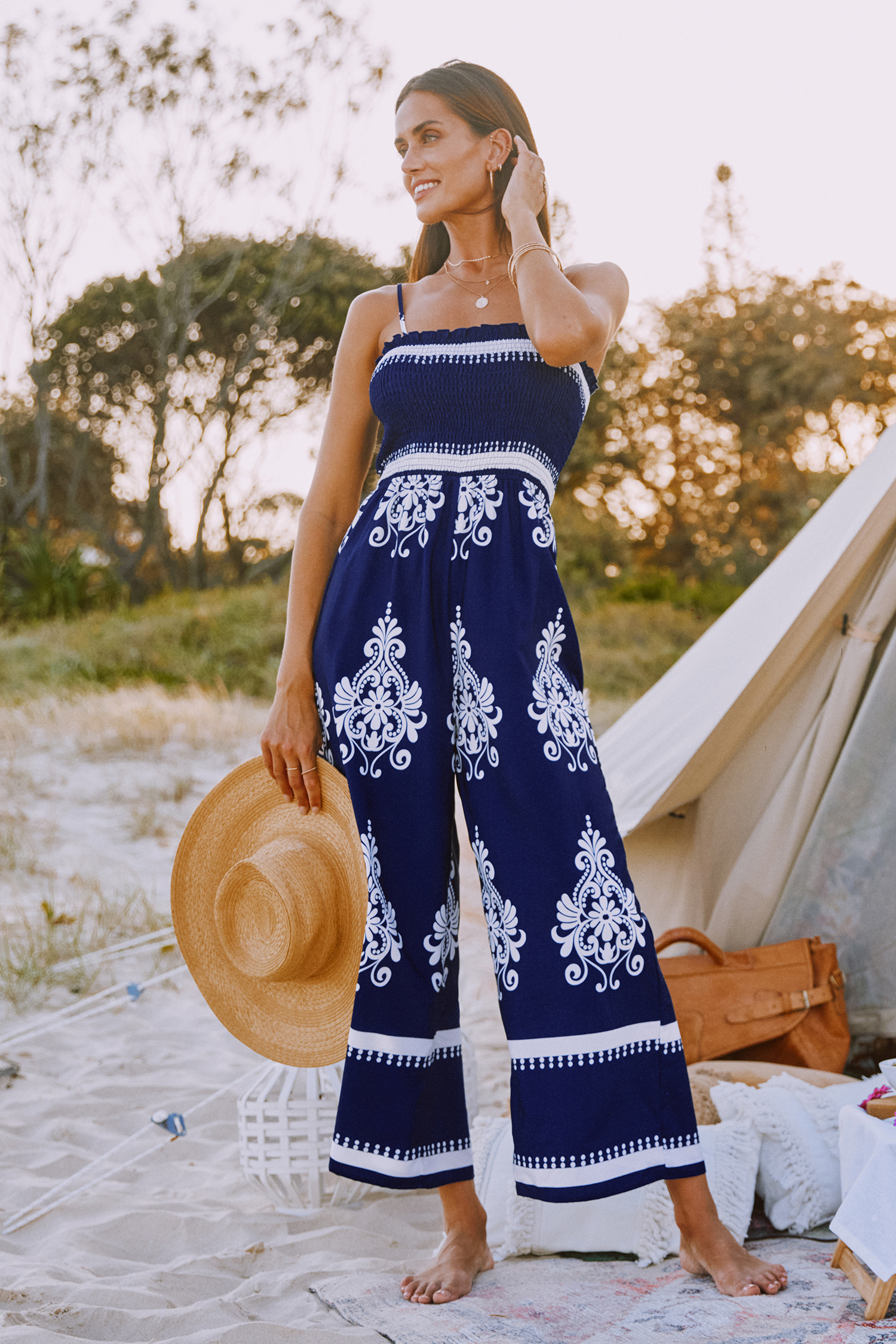 Navy & White Smocked Bodice Wide Leg Jumpsuit