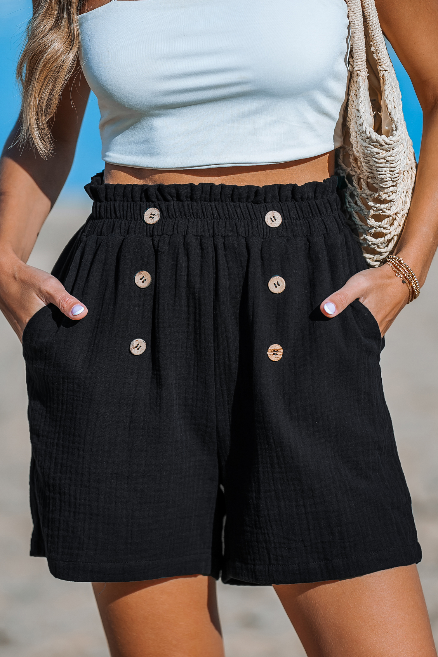 Oil Smocked Paperbag Shorts