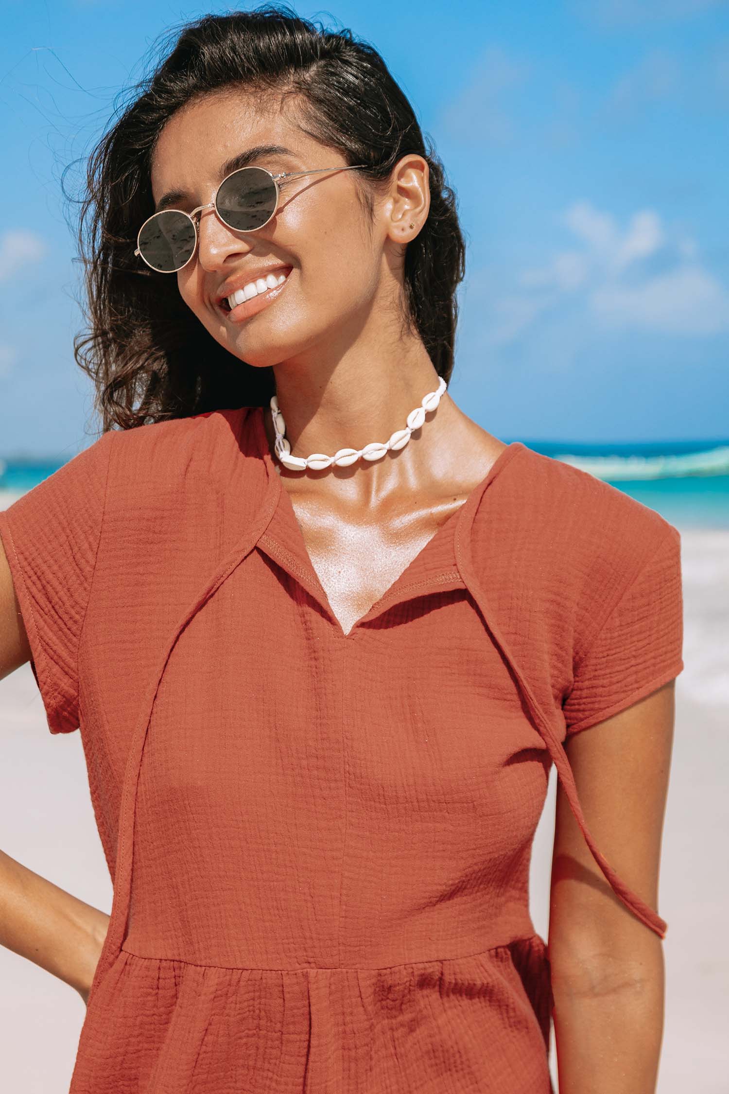 ruched tie neck mini dress