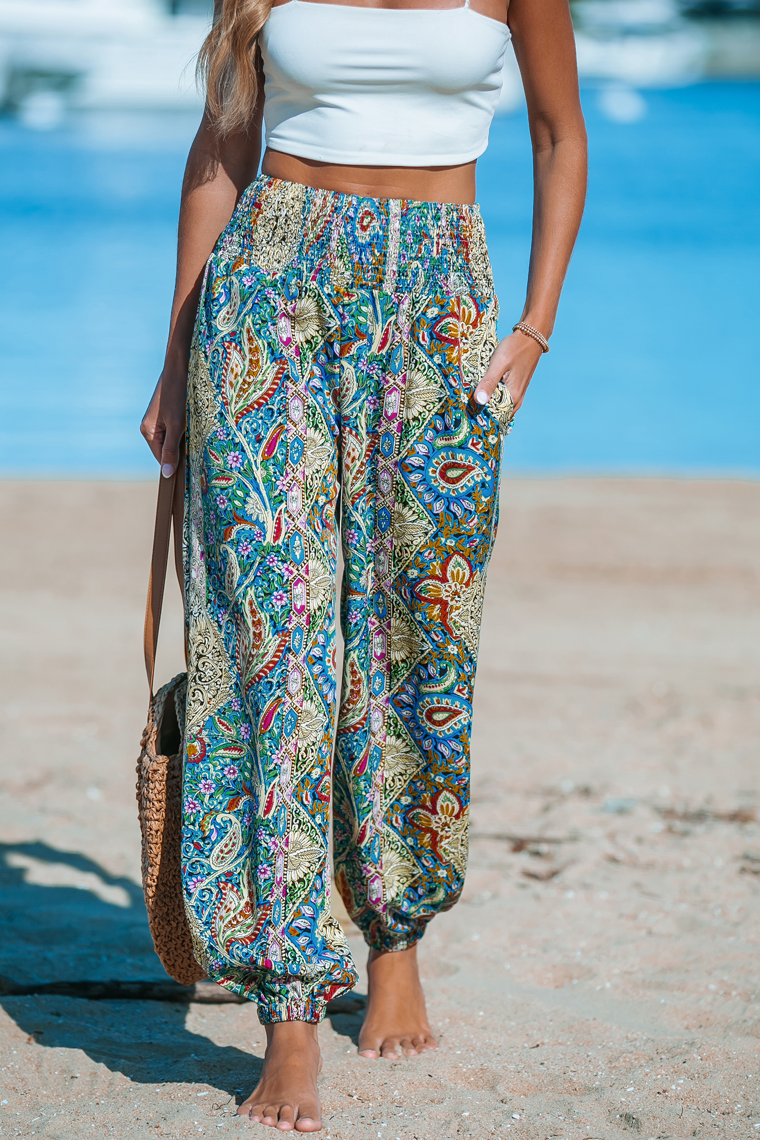 格安 Waist Smocked Paisley Tapered Pants Cover-Up Leg パンツ