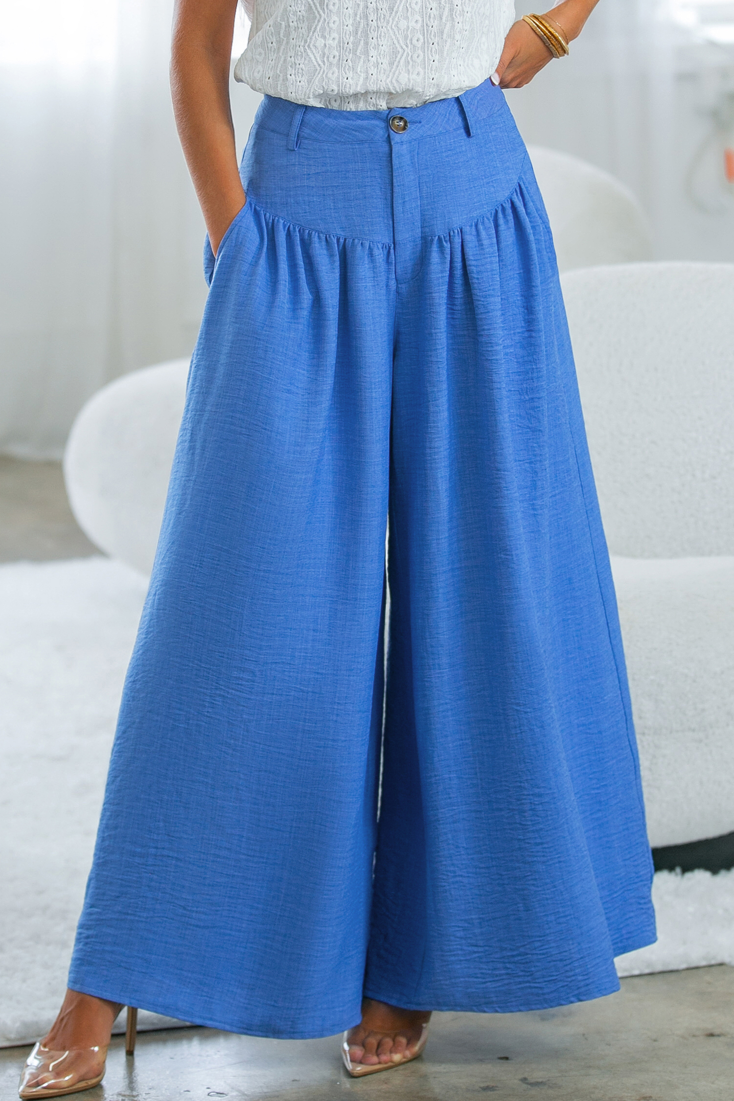 Blue Tie Waist Wide Leg Pants