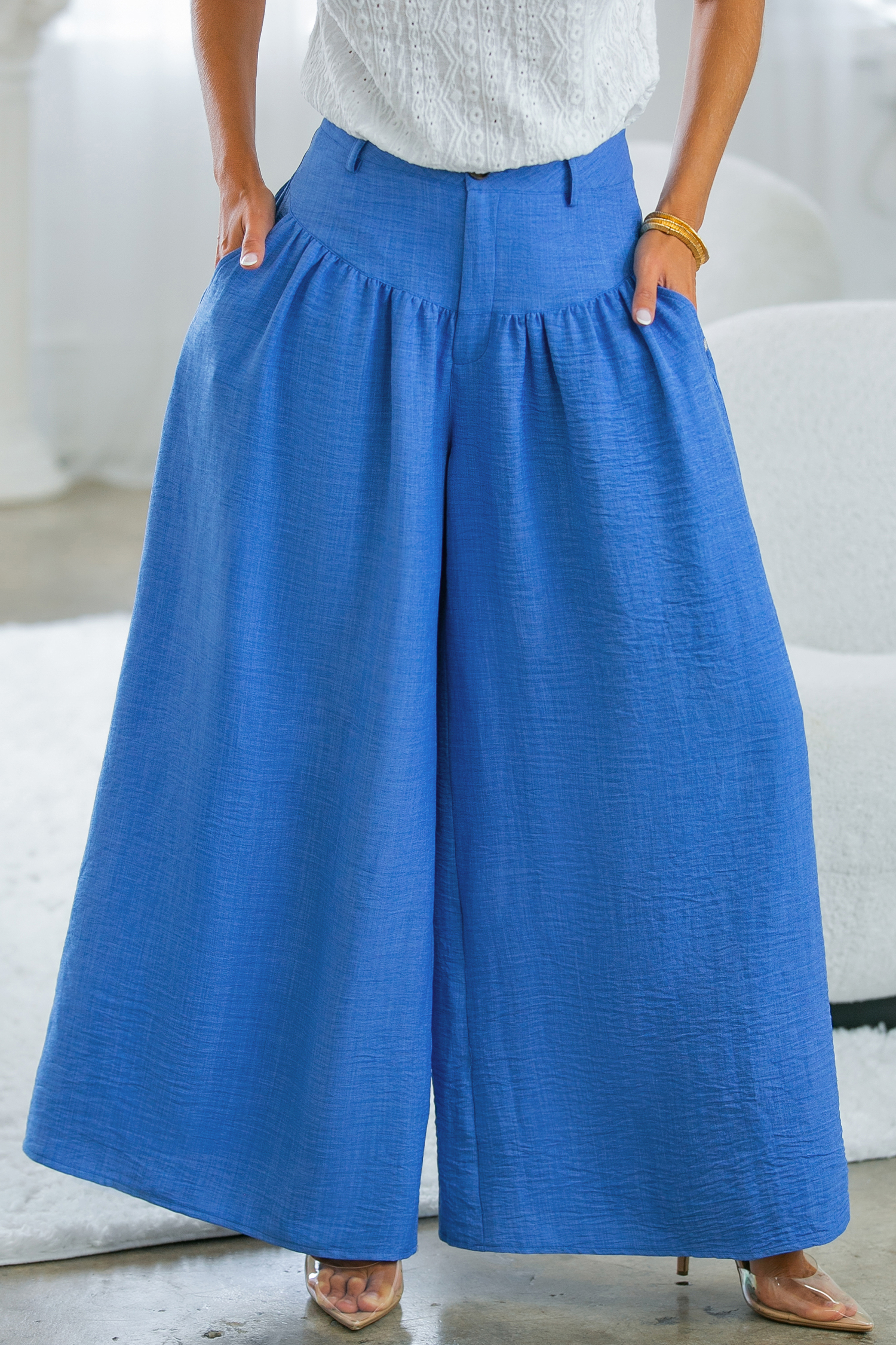 Blue Tie Waist Wide Leg Pants